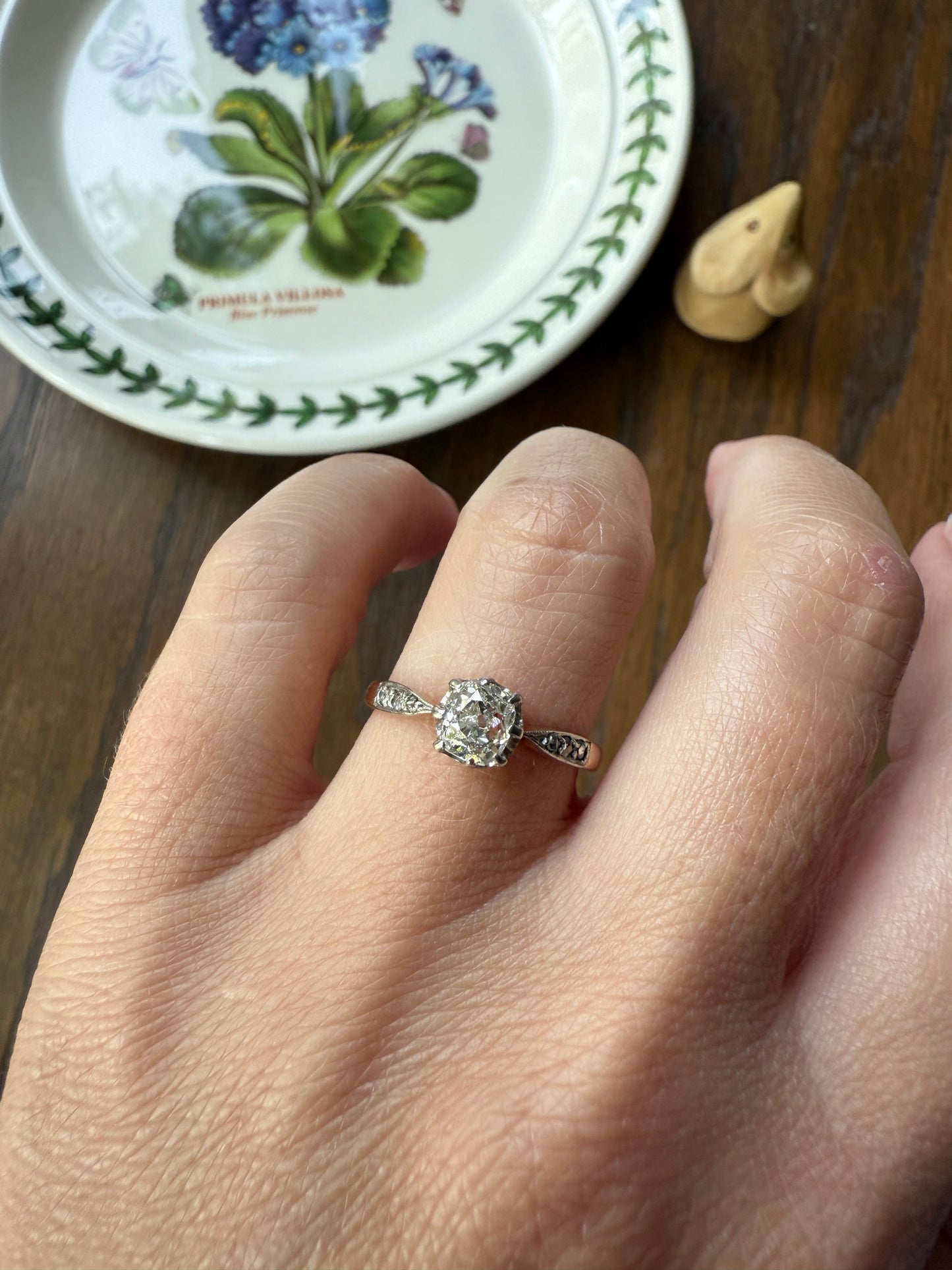 Classic Antique .67 Carat Old Mine Cut Diamond & Rose Cut Accents 18k Gold French Victorian Engagement Ring Solitaire Band Stacker OMC