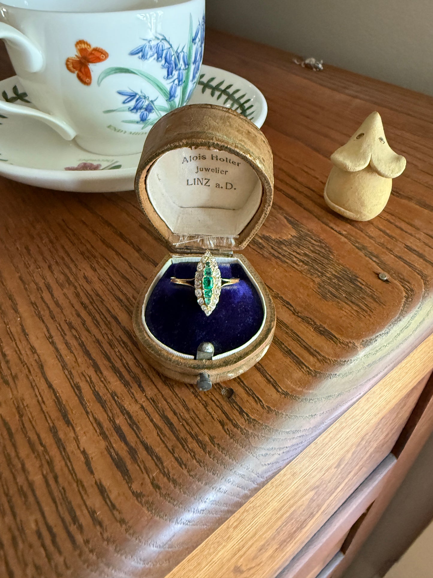 Emerald Five Stone Antique Old Mine Cut DIAMOND Halo Navette Ring 18k Gold Skinny Green Sparkle Stacker Victorian