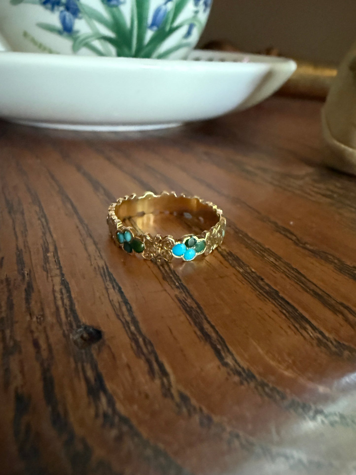 Victorian TURQUOISE Floral Shield Engraved 18k Gold Solid Wedding Band Forget Me Not Orange Blossom Swirl Panels Blue Green