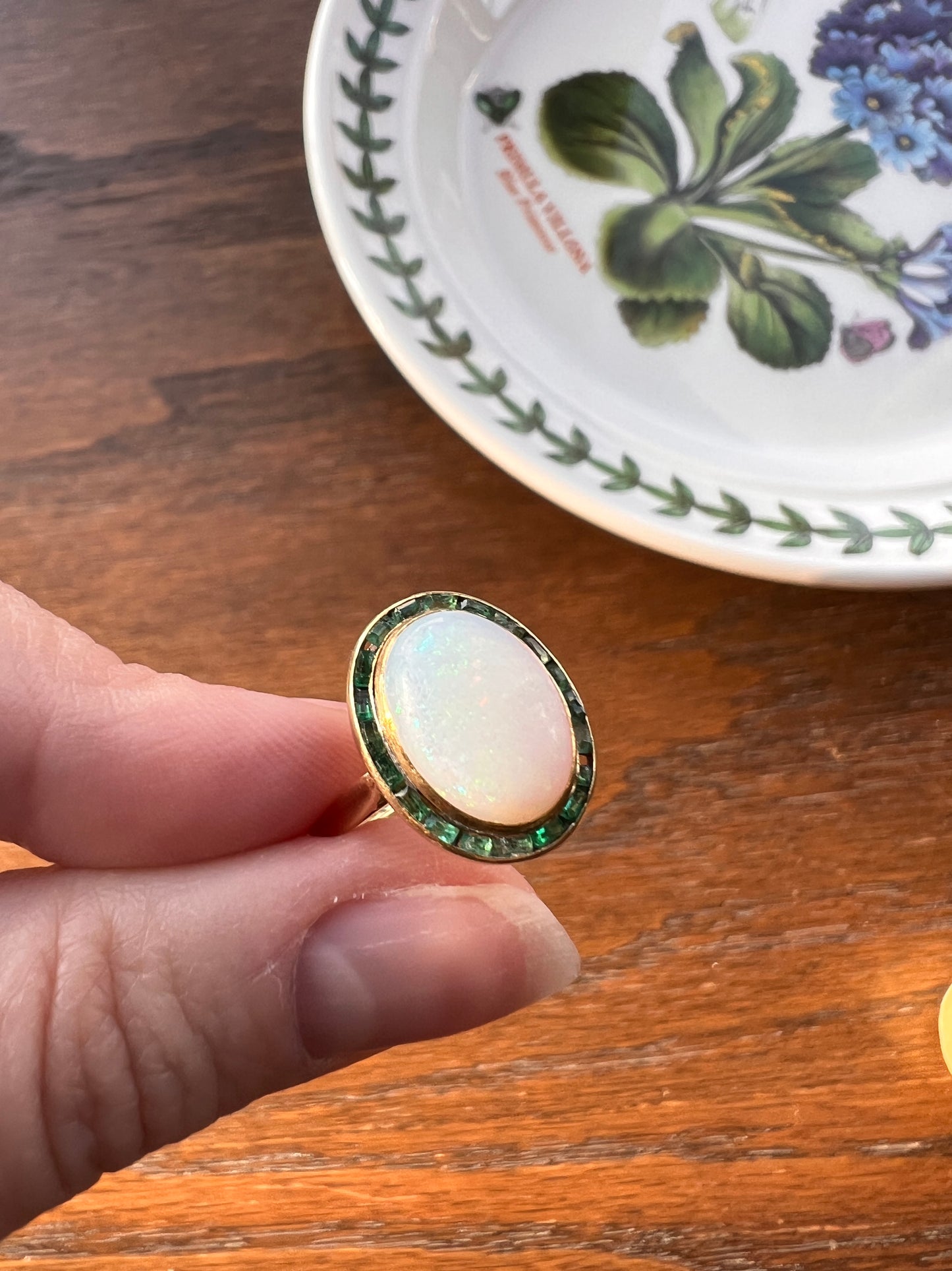 BLUE Opal Carre Cut EMERALD HALO Ring Antique 18k Gold Oval Geometric Bullseye Target Green Victorian