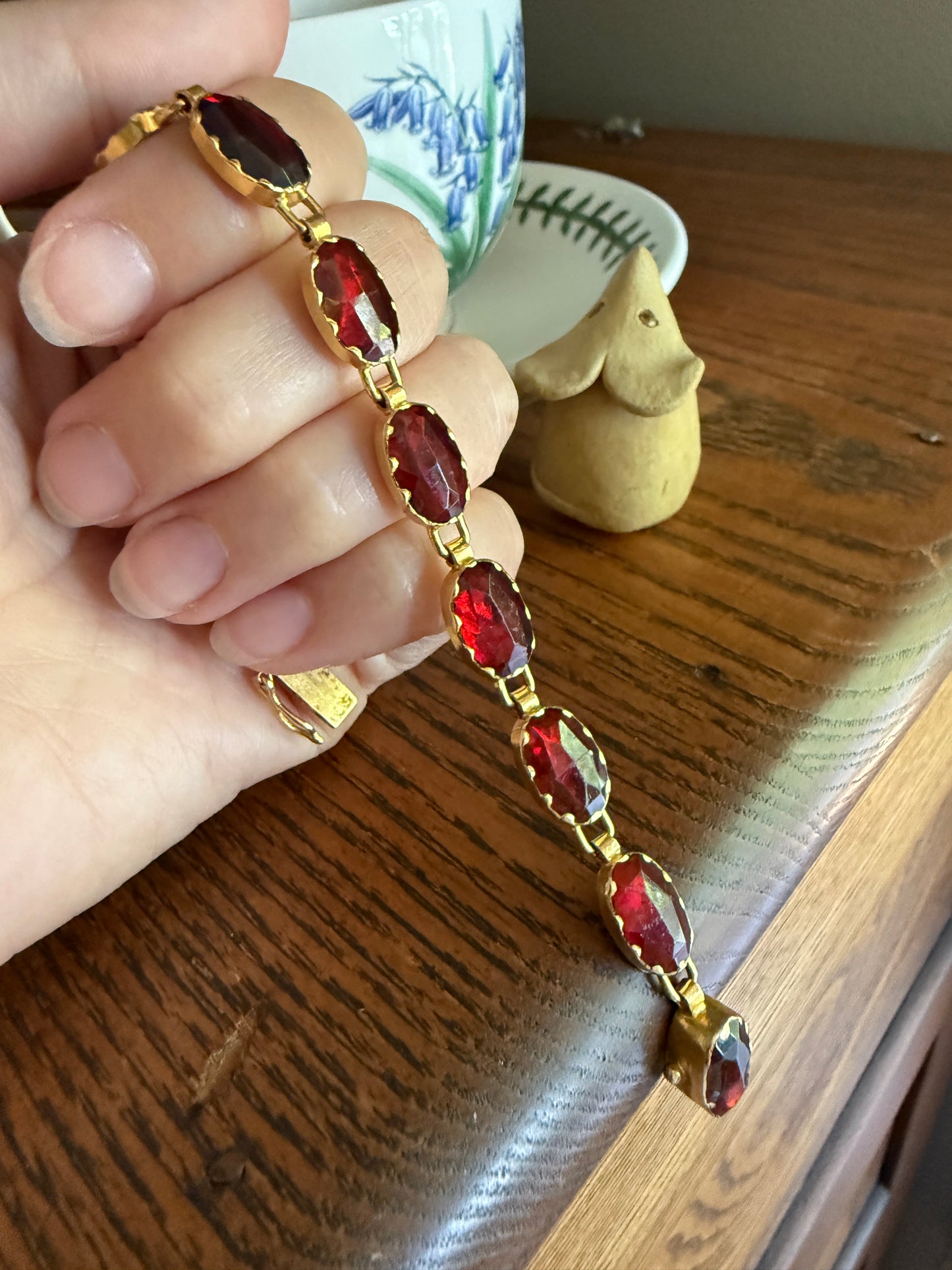 Vintage French Perpignan GARNET Riviere Eternity Bracelet 18k Gold Large Oval Bezel Set Rose Cut Closed Back Glowing Crimson Red Riviera
