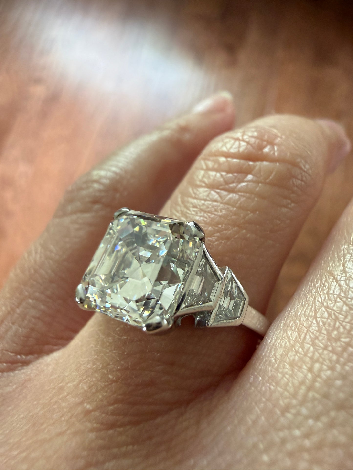 Exceptional 4 Carat Square Step Cut Diamond Solitaire Ring French PLATINUM w/ Trapezoid Accents Vintage to Art Deco 4.5Ctw Faces Eye CLEAN
