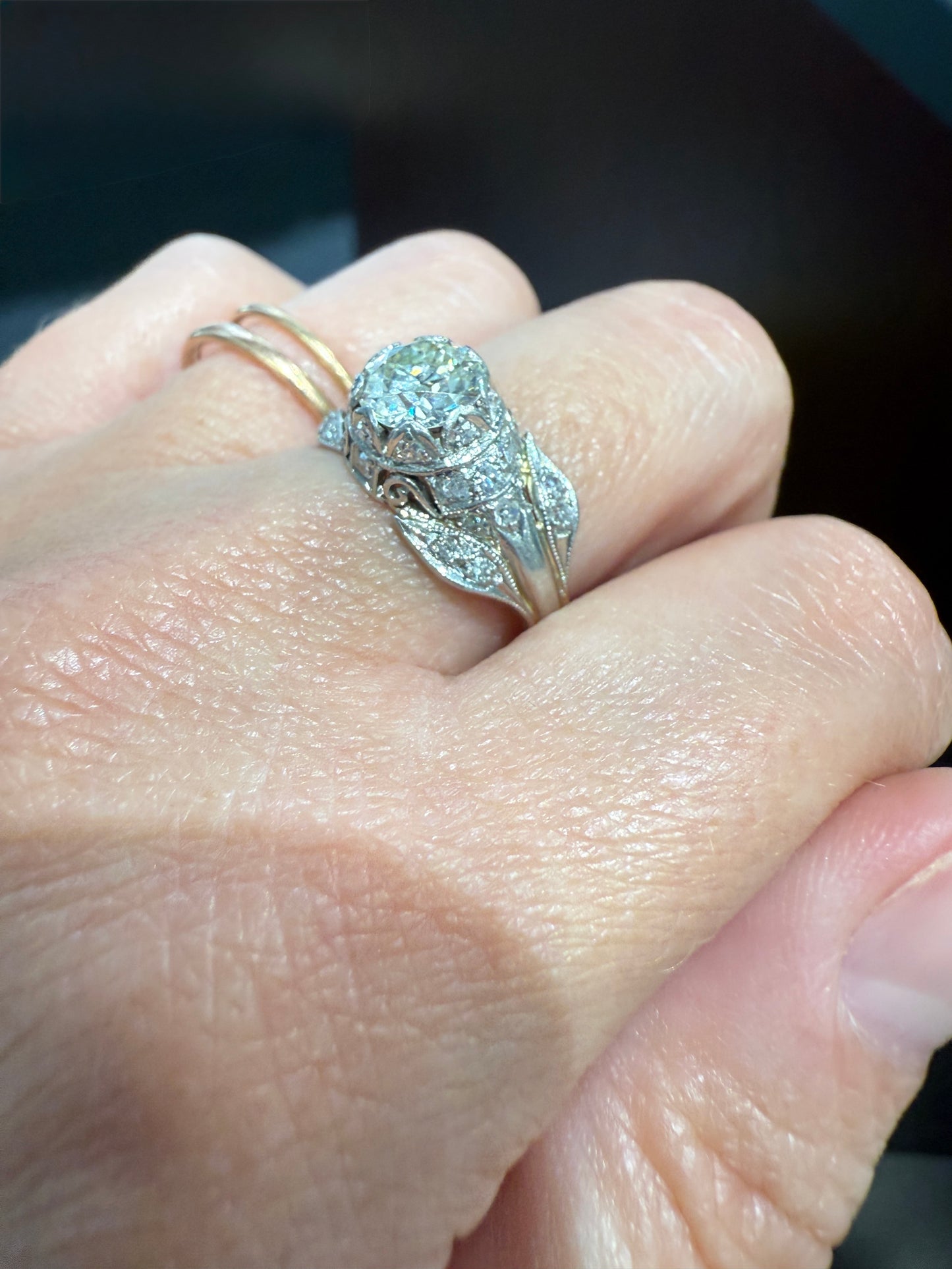 PLATINUM 1.7Ctw Art Deco Eye CLEAN Old European Cut Diamond Solitaire Engagement Ring w/ Wedding Set Wrap Encrusted Leaf Prong Antique c1928