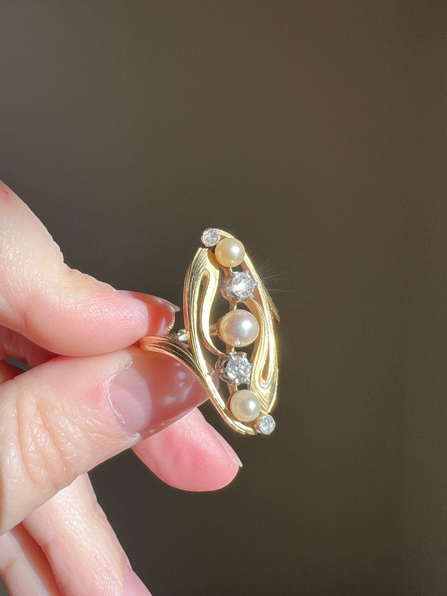 Delicious French Art NOUVEAU Antique Belle Epoque Rose Old Mine Cut DIAMOND Pearl SWIRL Whiplash 18k Gold Ring