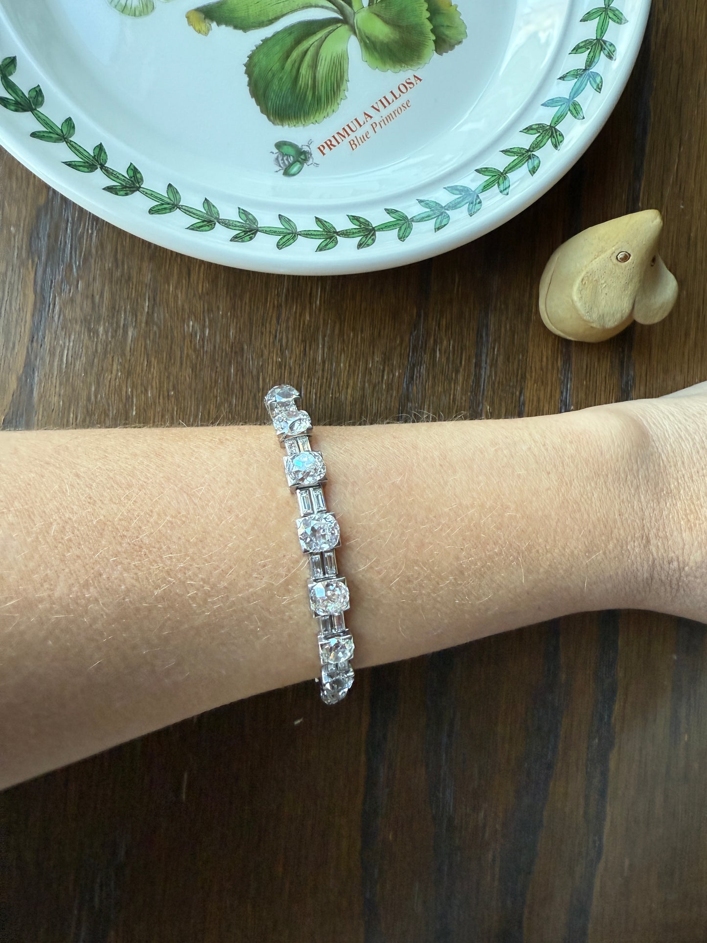 Art Deco 22 CARATS Old Mine Cut DIAMOND Baguette Spacers Tennis Line Bracelet Boxed French Antique 18k White Gold Wriststack OMC Eye Clean