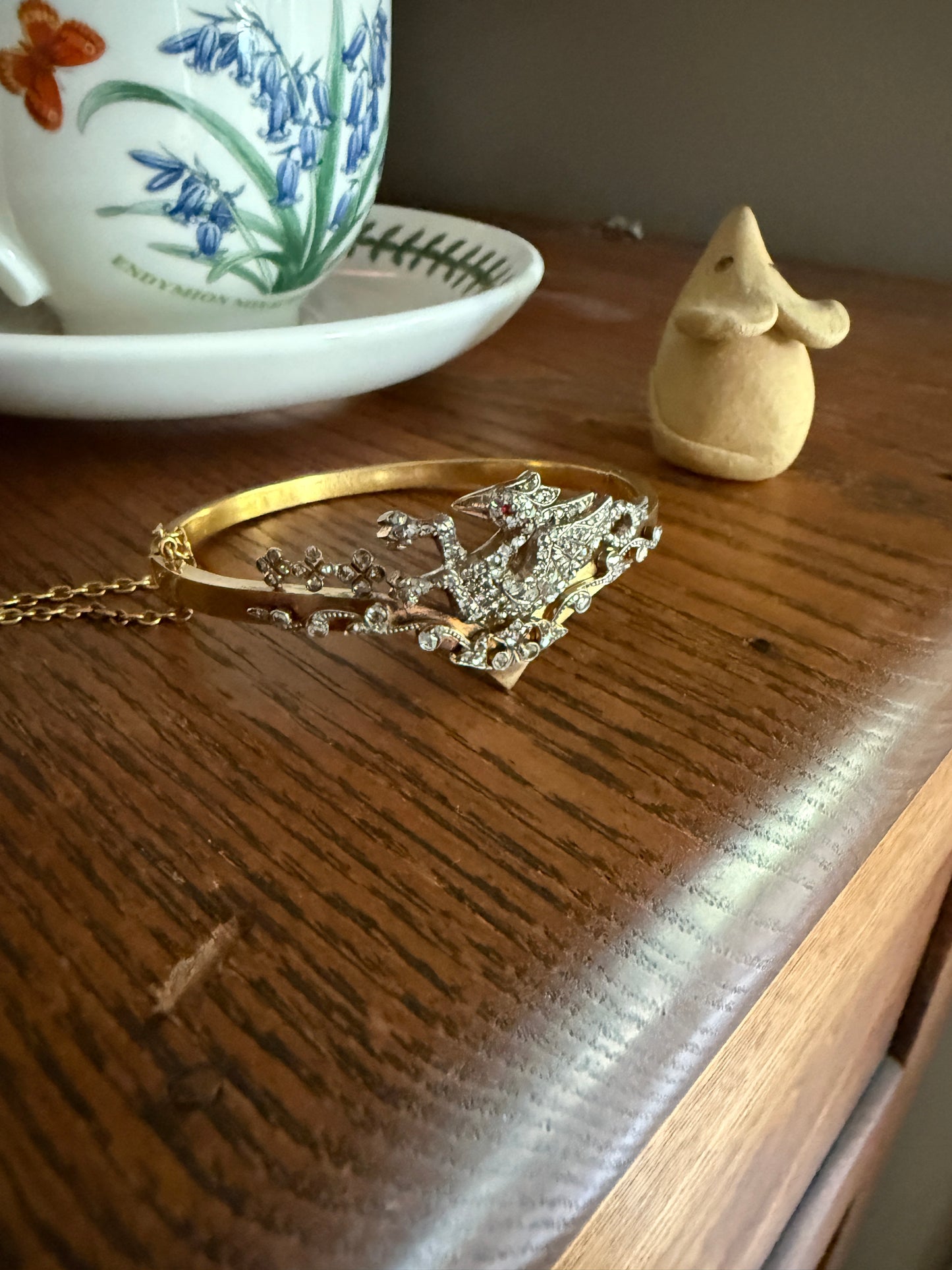 DRAGON Rare One of a Kind Antique Figural 130+ Rose Cut Diamond BANGLE Bracelet French Victorian 18k Gold Silver Chimera Phoenix