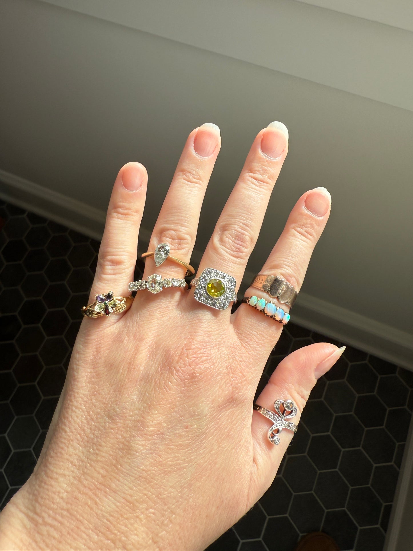 Vintage .8 Carat Fancy Greenish Yellow Natural ROSE CUT Diamond 1.8 Ctw Transitional Cut Boxed Cobblestone Panel Ring Platinum Lemon Lime