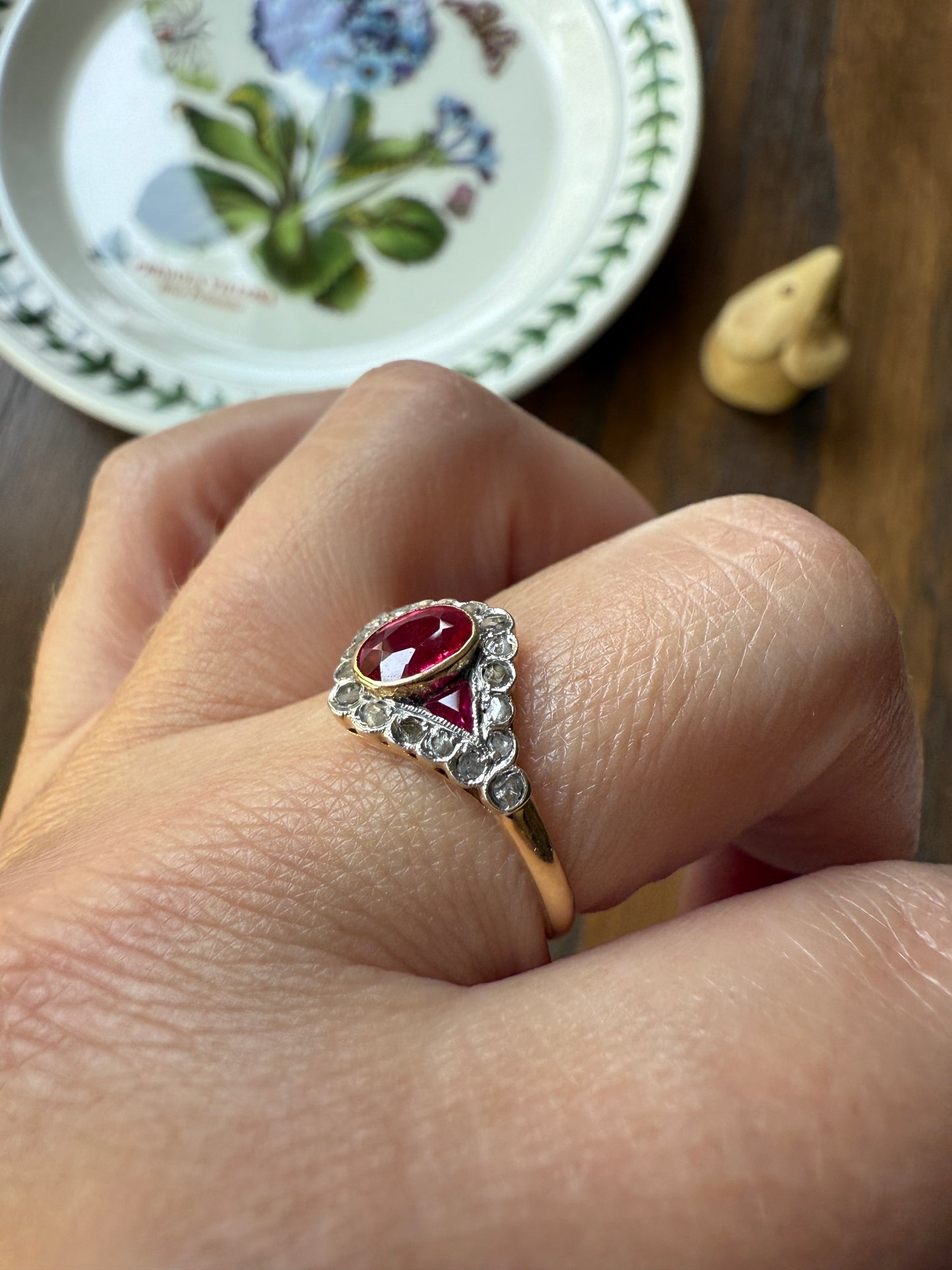 Antique Pink RUBY Rose Cut DIAMOND Garland Halo East West Ring French 18k Gold Stacker Belle Epoque Triangular Trillion