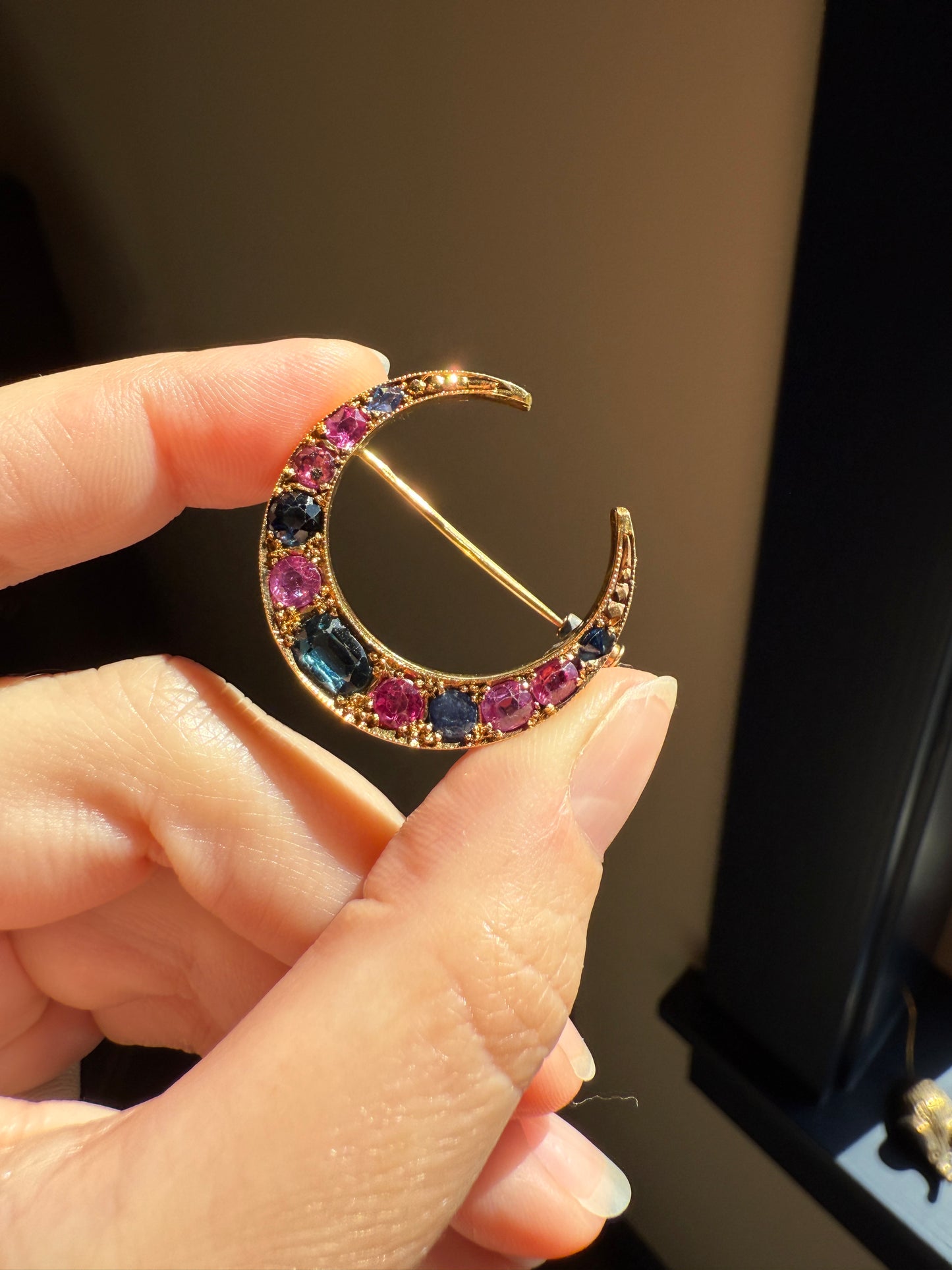 MOON Alternating Pink & Blue SAPPHIRE French Victorian ANTIQUE Pin Brooch for Pendant Romantic Gift Victorian