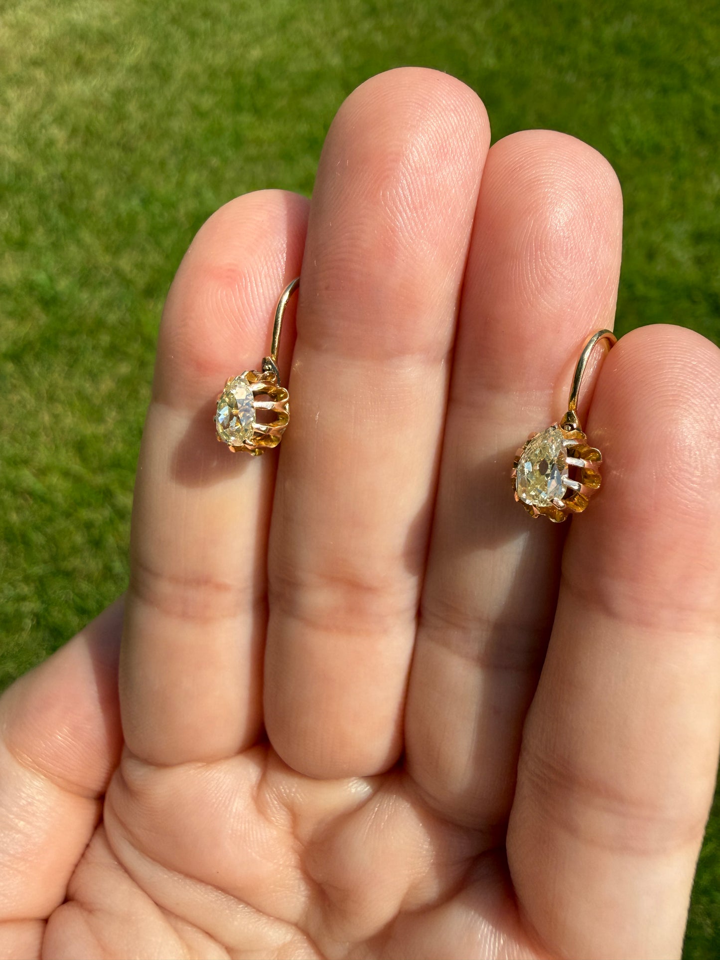 Rare PEAR Pale Yellow Old Mine Cut ANTIQUE One Carat Diamond Dormeuse Earrings 18k Gold Fixed Buttercup Setting Minimalist Sparkle Victorian