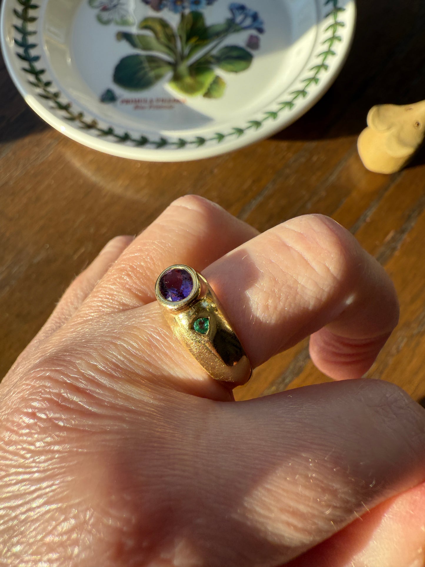 Vintage AMETHYST Emerald Geometric Domed Band Stacker Ring 18k Gold French Green Purple Chunky