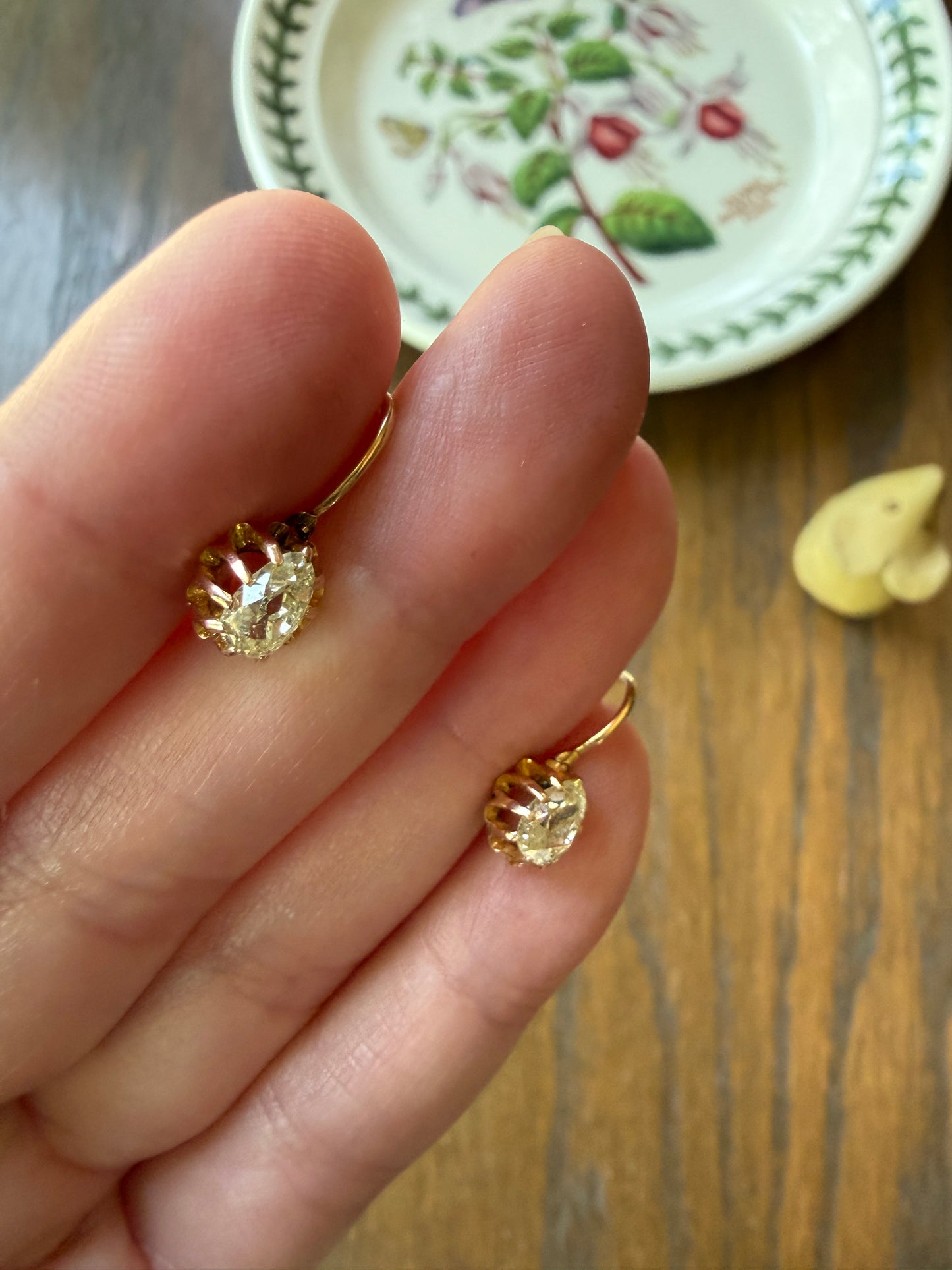 Rare PEAR Pale Yellow Old Mine Cut ANTIQUE One Carat Diamond Dormeuse Earrings 18k Gold Fixed Buttercup Setting Minimalist Sparkle Victorian