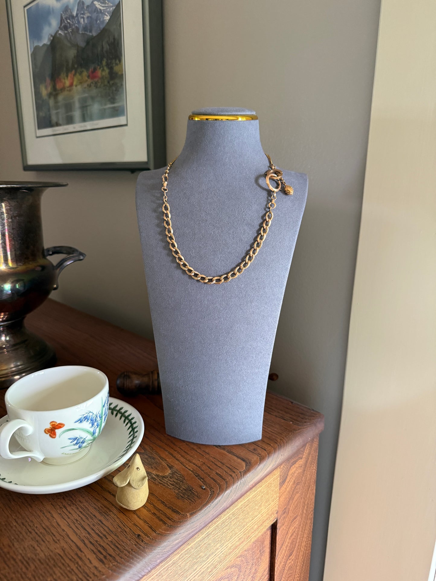 French Antique  14.4g 18k GOLD Solid Curb Embossed Link Watch Chain XL Faceted Spring Ring Dog Clip Extender Bracelet Connector
