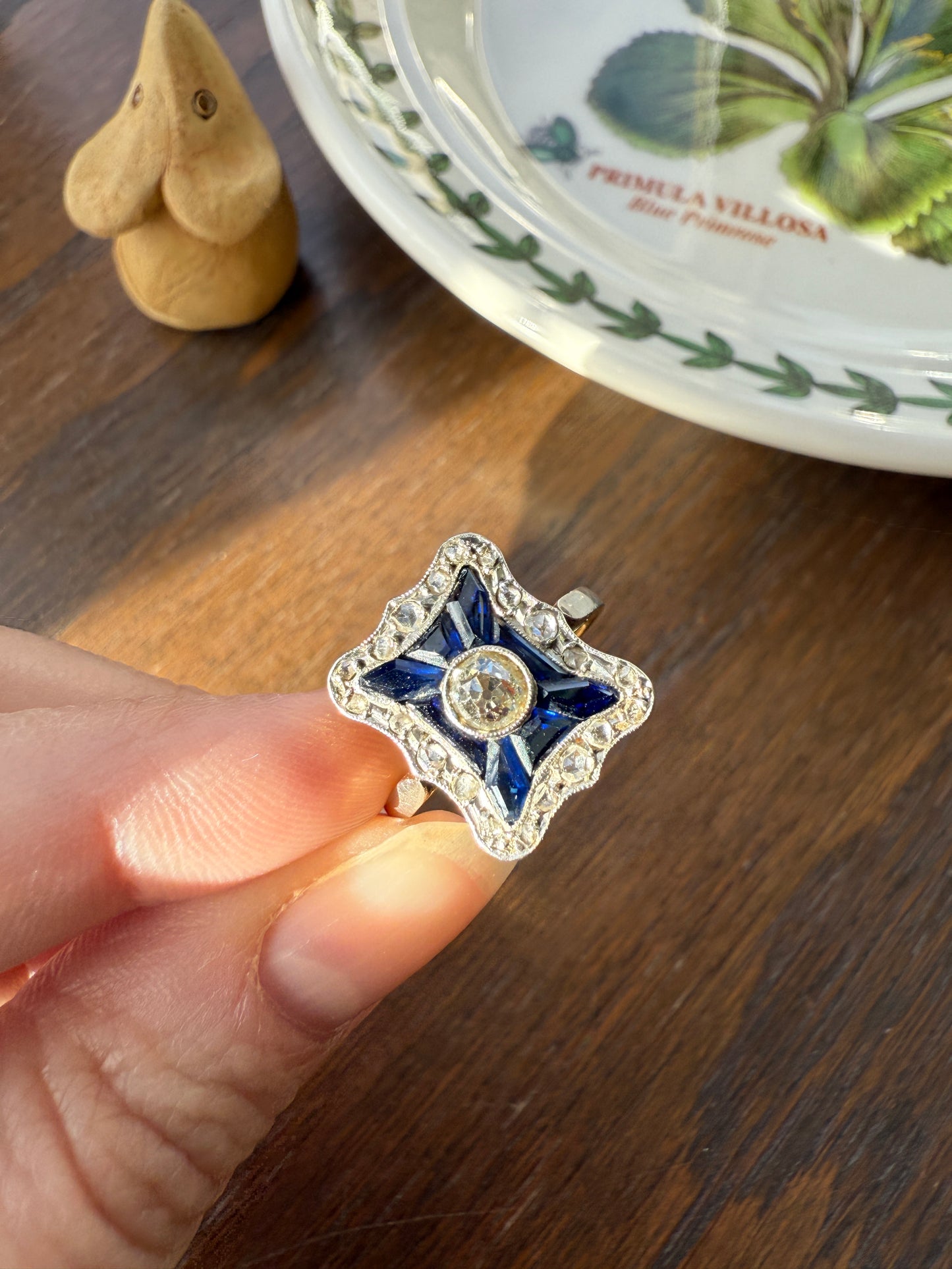 SHIELD Natural Sapphire Eye Clean Old Mine Cut Diamond Rose Cut Halo Antique Ring French 18k Gold Ornate Blue Lozenge Kite Trapezoid Cut