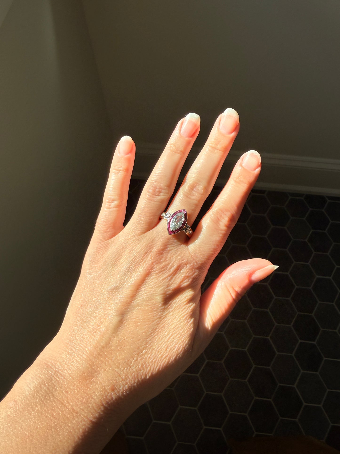 Vintage One Carat Old Cut MARQUISE Diamond Ruby HALO Navette French Art Deco Ring 18k Gold Platinum Belle Epoque Pink Rose Cut Accents