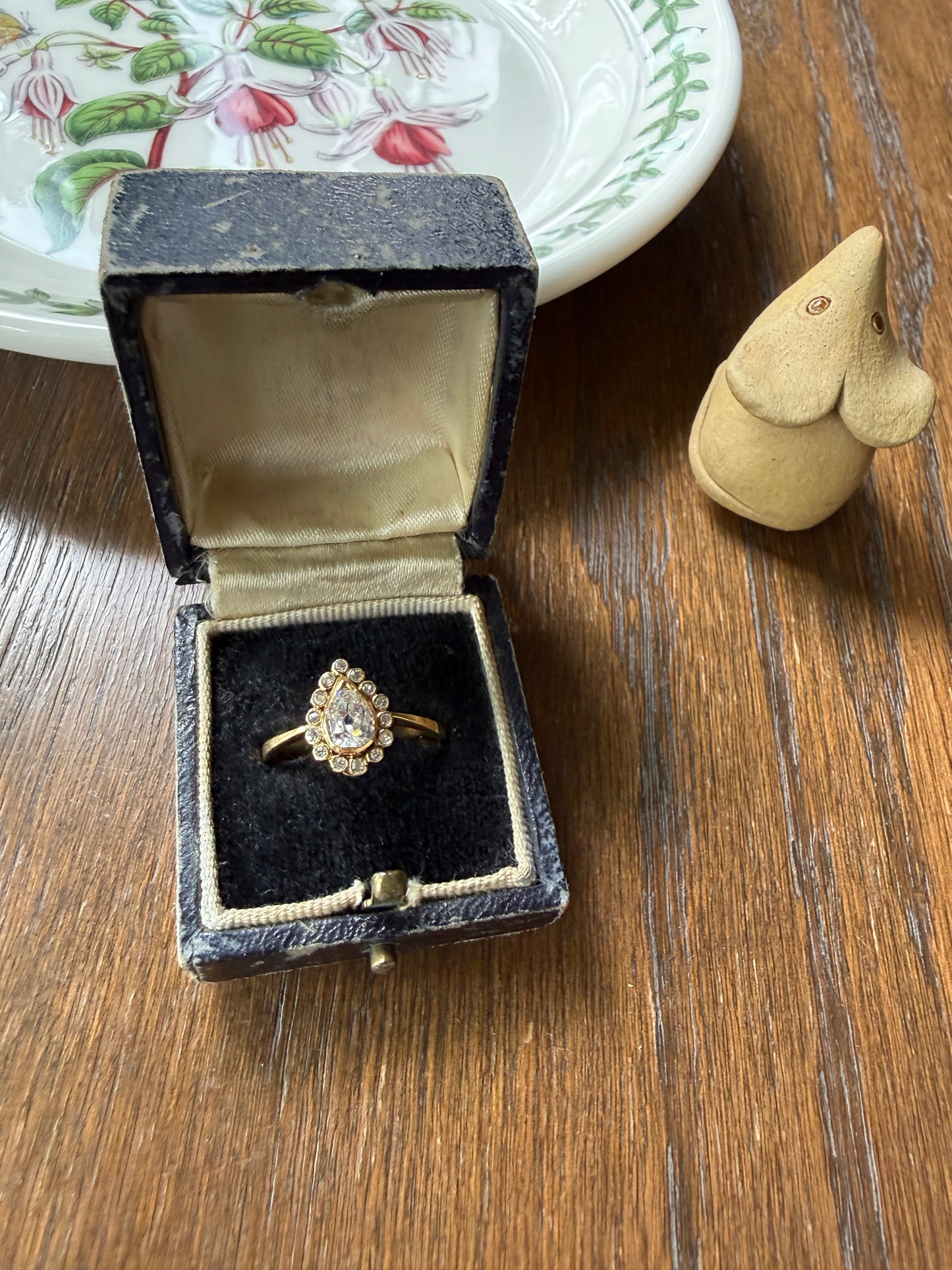 Vintage Halo Ring with Chunky .6 Carat Antique Old Mine Cut PEAR Diamond Eye Clean & Old Single Cuts Bezel Set Ring Teardrop Stacker