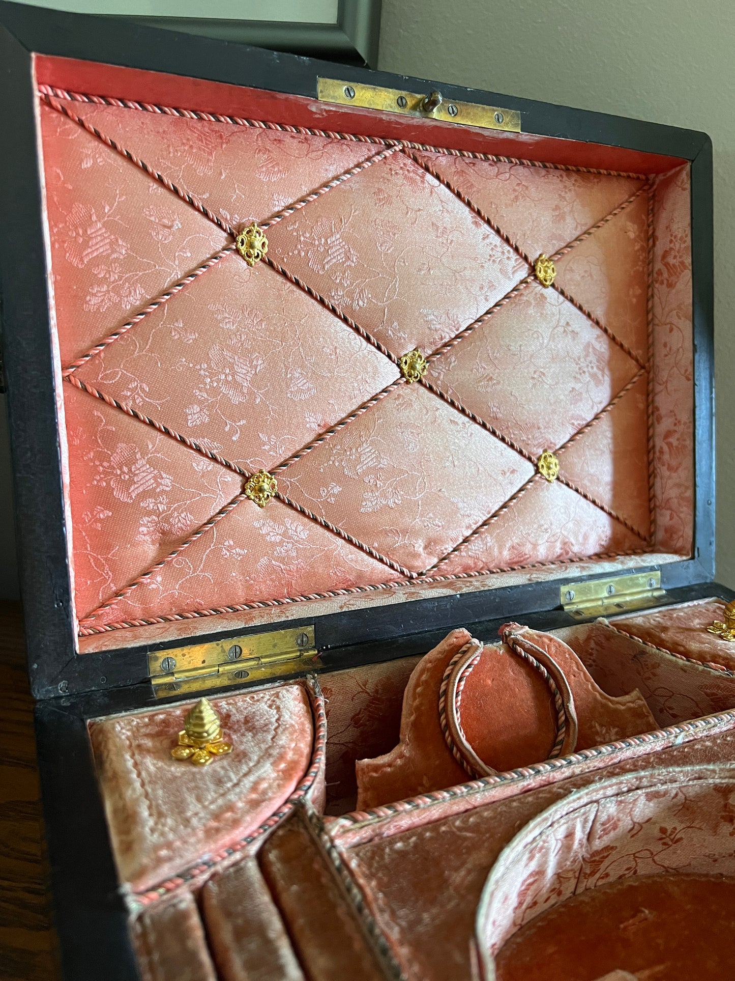 GORGEOUS French ORIGINAL Antique XL Wooden Jewelry Box Footed Inlay Brass Burl Salmon Pink Velvet Silk Interior Ring Holder