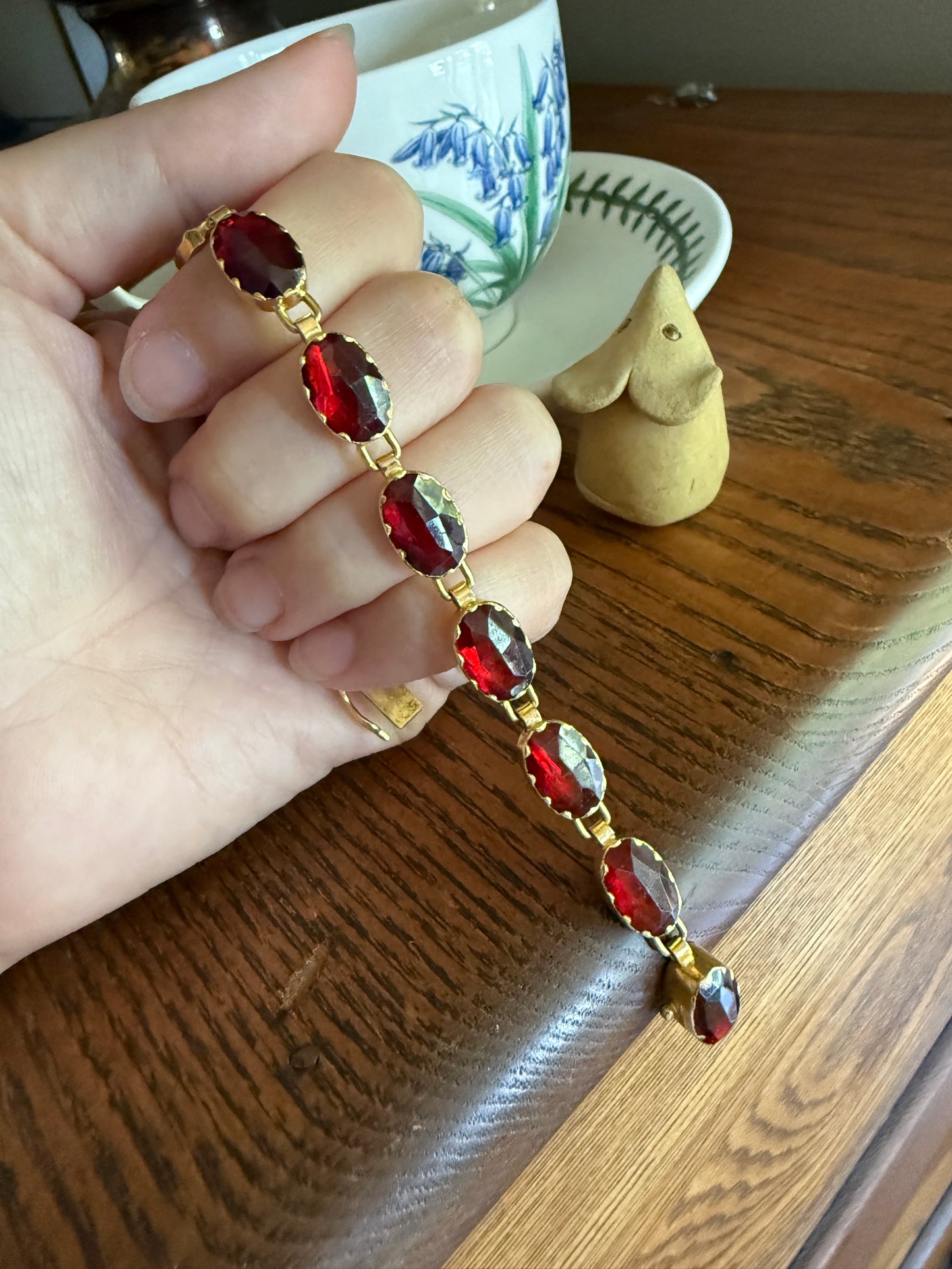 Vintage French Perpignan GARNET Riviere Eternity Bracelet 18k Gold Large Oval Bezel Set Rose Cut Closed Back Glowing Crimson Red Riviera