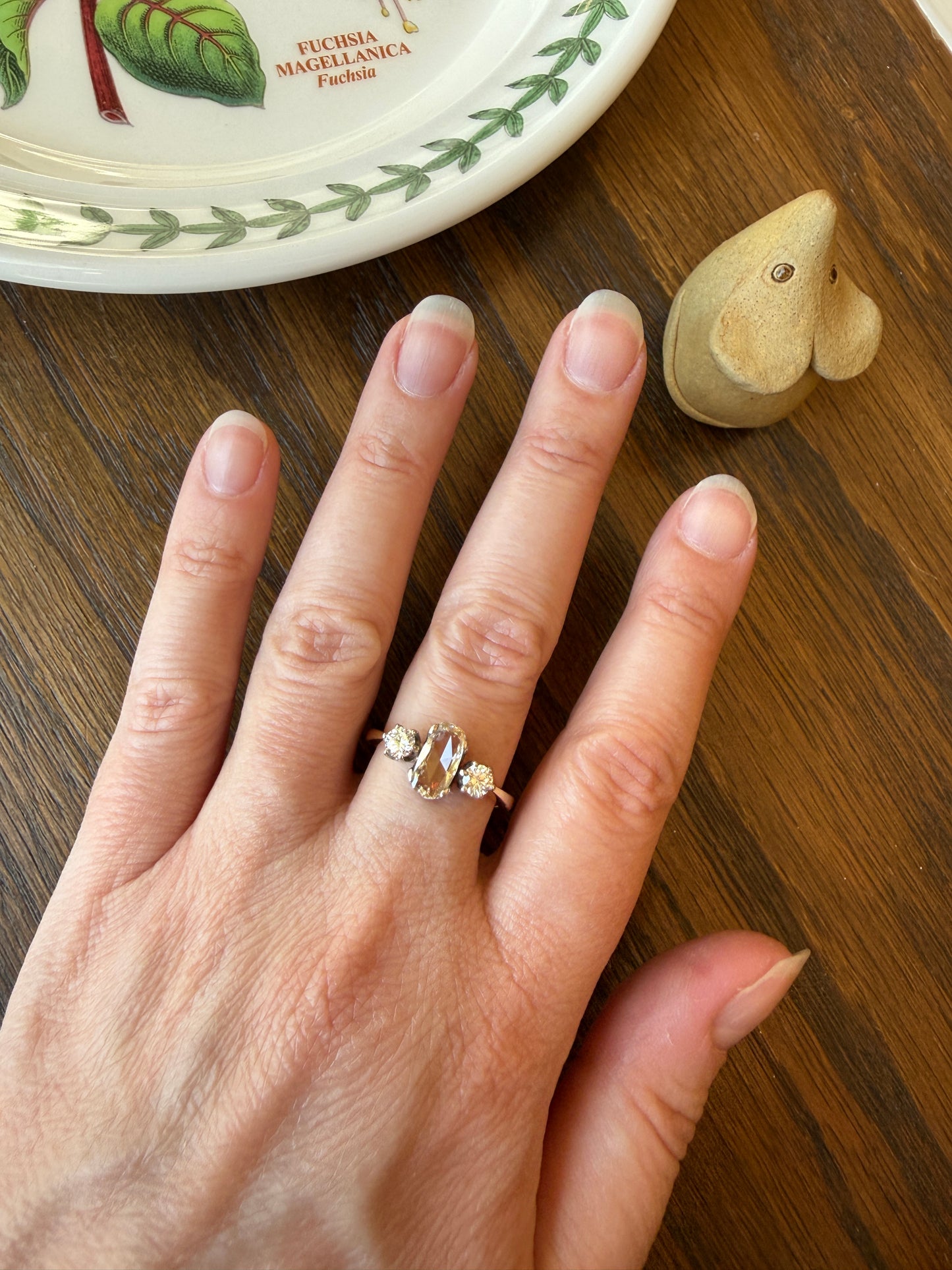 Unique Vintage Elongated Natural VS1 Portrait Rose Cut Three Stone DIAMOND Ring 18k Gold Solid Cushion Oval Stacker Band