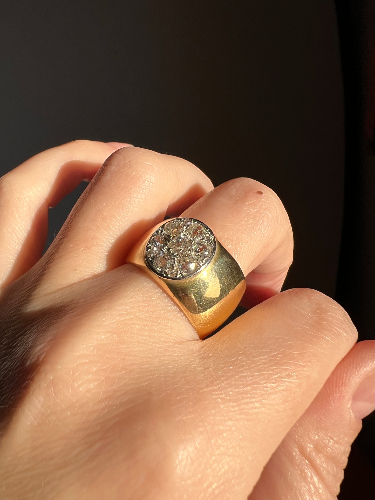 HEAVY 20g 18k Gold Antique CHUNKY 13mm Wide Cigar Band 1.5 CARAT Old Mine Cut DiAMONDS Ring French Cobblestone Oval Cluster