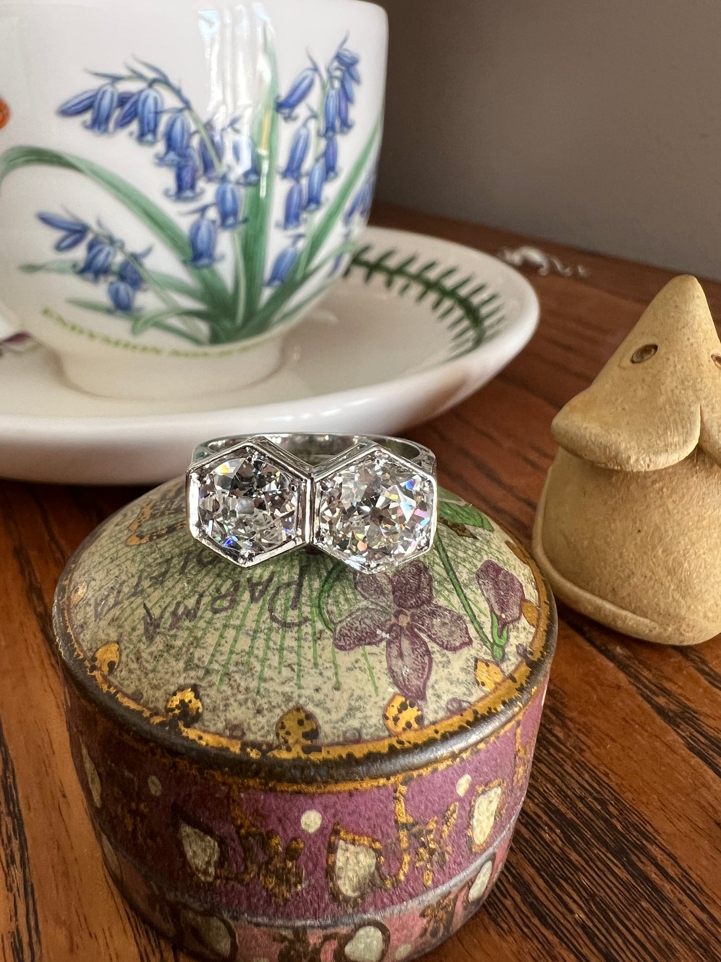 HEXAGON Toi et Moi 3.3 CARAT Eye Clean Old Mine Cut Diamond Two Stone Antique Ring PLATINUM French Geometric Engagement