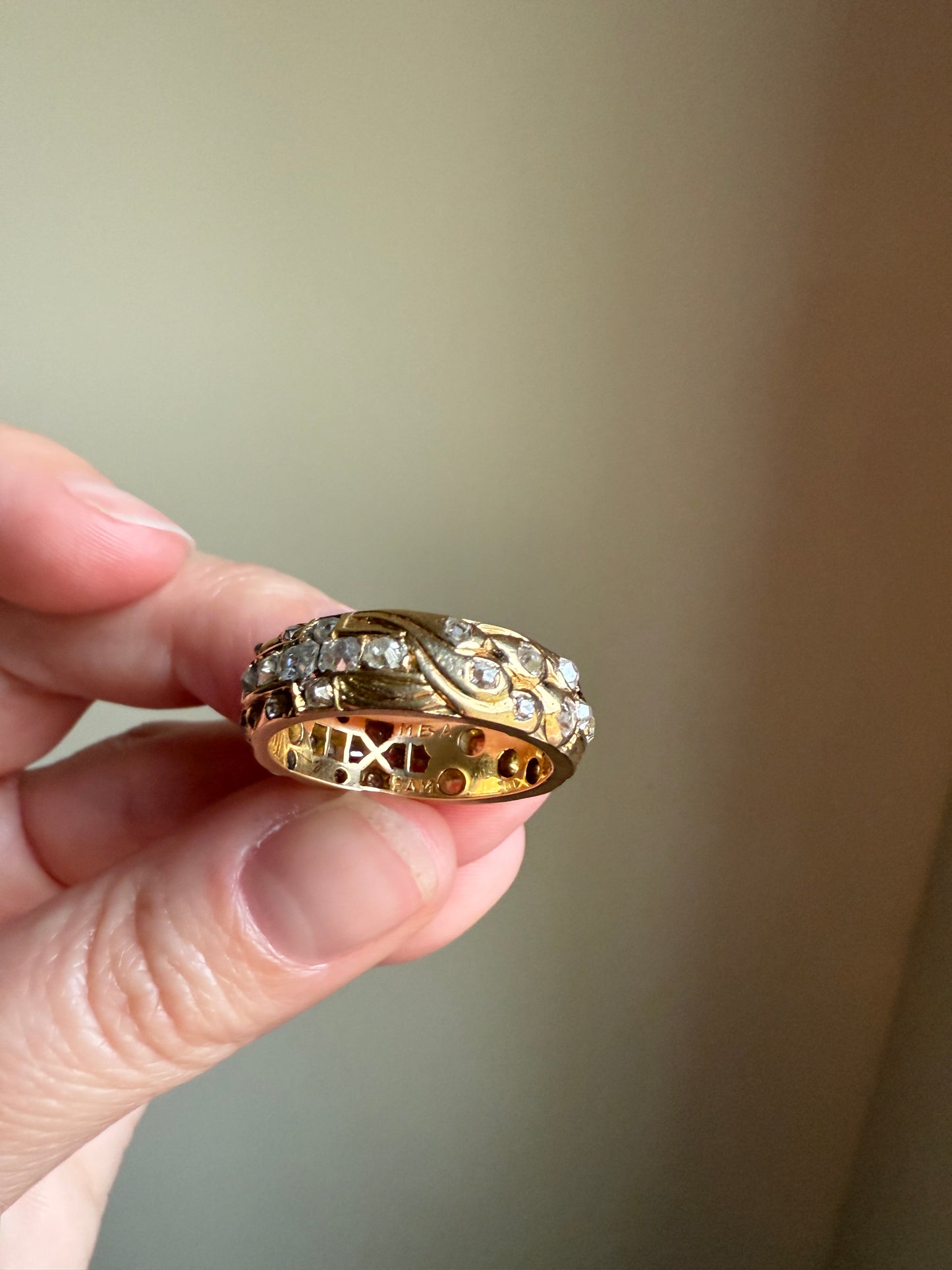 HEAVY One of a Kind Chunky Elongated 1.5ctw Old Mine Cut DIAMOND Encrusted Eternity Band French c1939 Ring 9.6g 18k Gold Anniversary? Dated