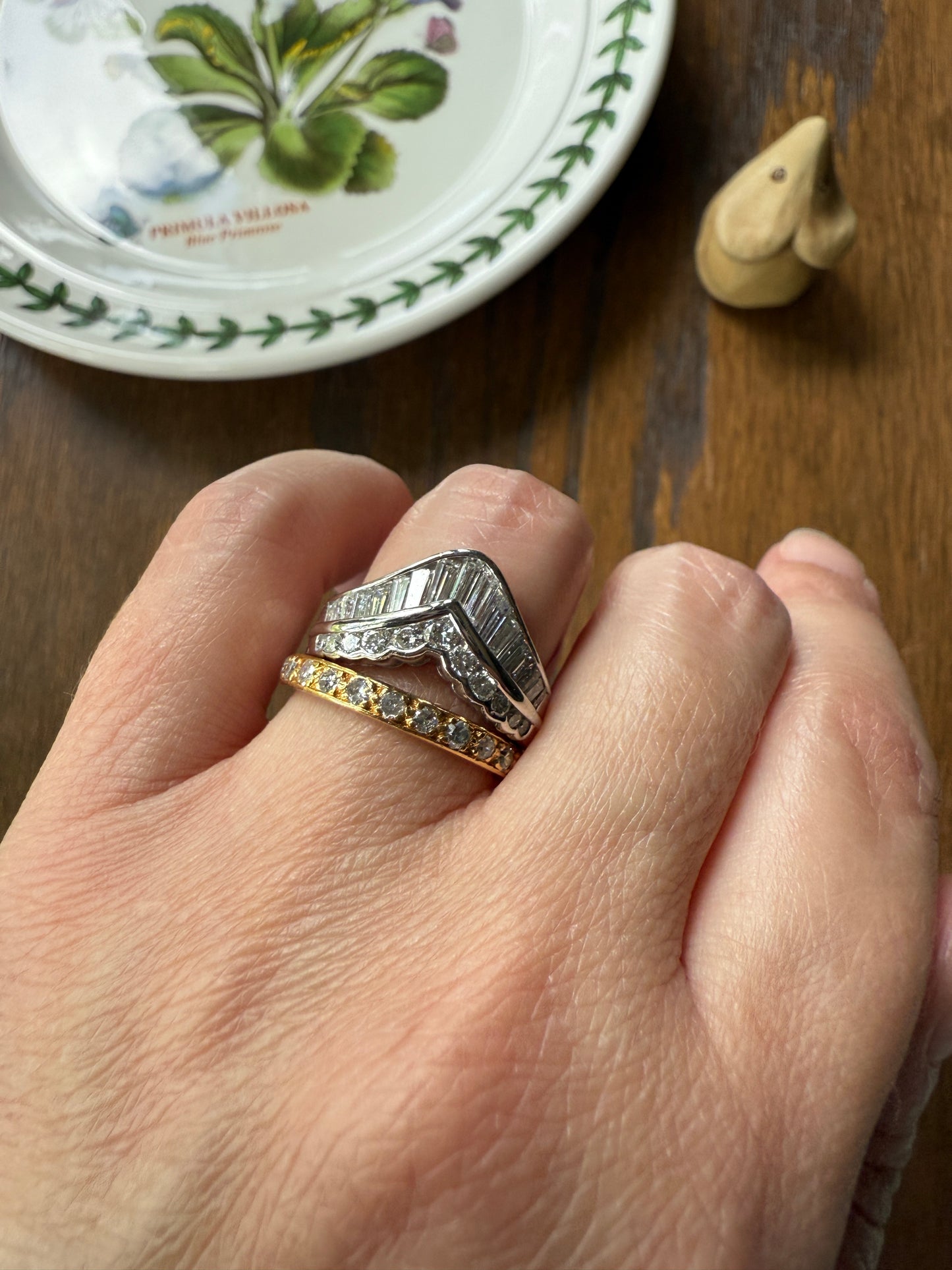 Chevron TIARA 1.5 Carat Baguette Brilliant Cut Diamonds French 8.5g PLATINUM Vintage V Ring Stacker Band Chunky