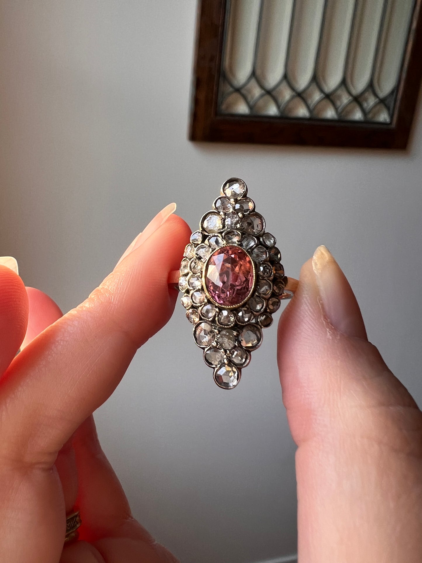 Pink TOURMALINE 2 Carats Rose Cut DIAMONDS XL Antique Navette Ring 14k Gold Platinum Tiered Halo Cluster