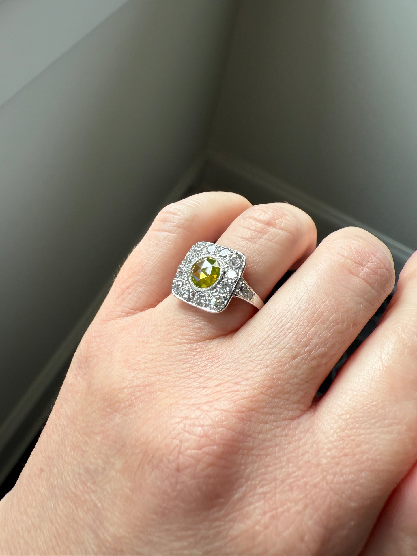 Vintage .8 Carat Fancy Greenish Yellow Natural ROSE CUT Diamond 1.8 Ctw Transitional Cut Boxed Cobblestone Panel Ring Platinum Lemon Lime