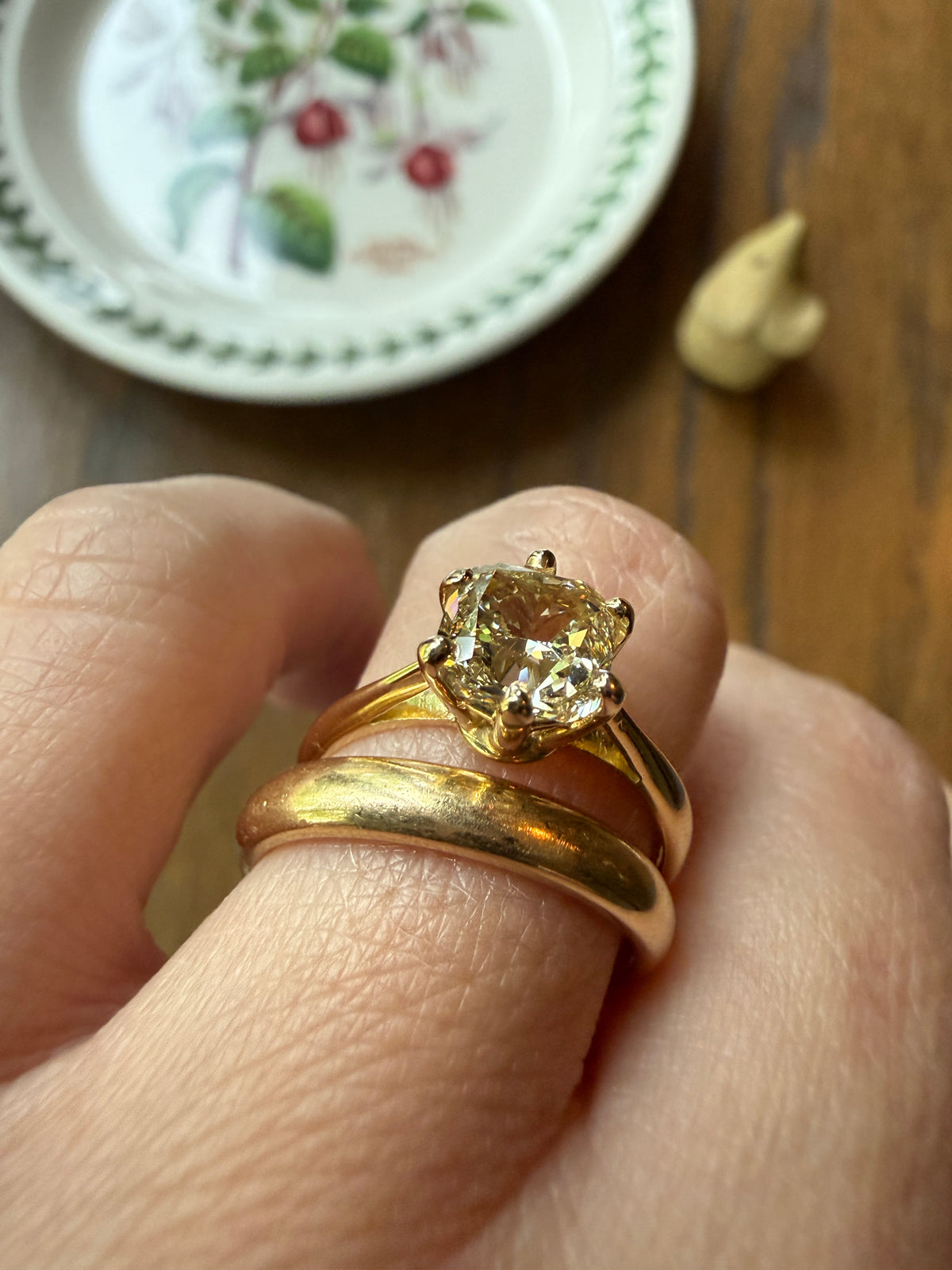 Fancy Brownish Yellow Eye Clean 1.52 Carat Cushion Cut DIAMOND Ring w/ CERT. French Vintage Solitaire 18k Gold Engagement Paris Find
