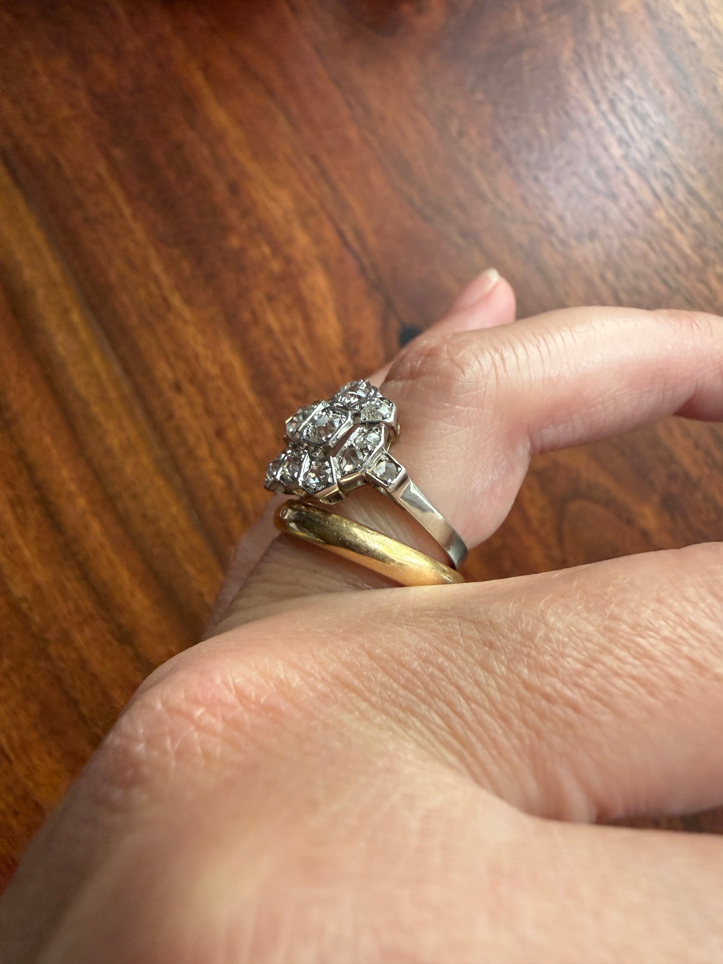 Ornate Art Deco 1.5 Carat Rose & Old Mine Cut Diamond Cluster Ring 18k White Gold Platinum East West Wide Three Stone Halo Cocktail Stacker