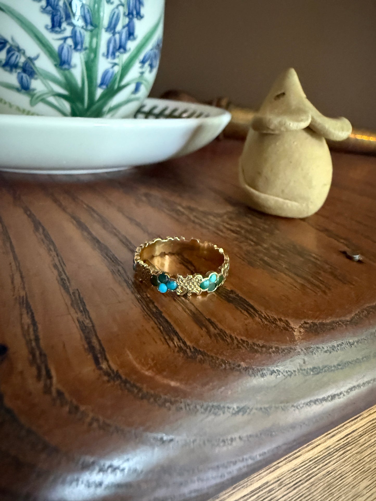 Victorian TURQUOISE Floral Shield Engraved 18k Gold Solid Wedding Band Forget Me Not Orange Blossom Swirl Panels Blue Green