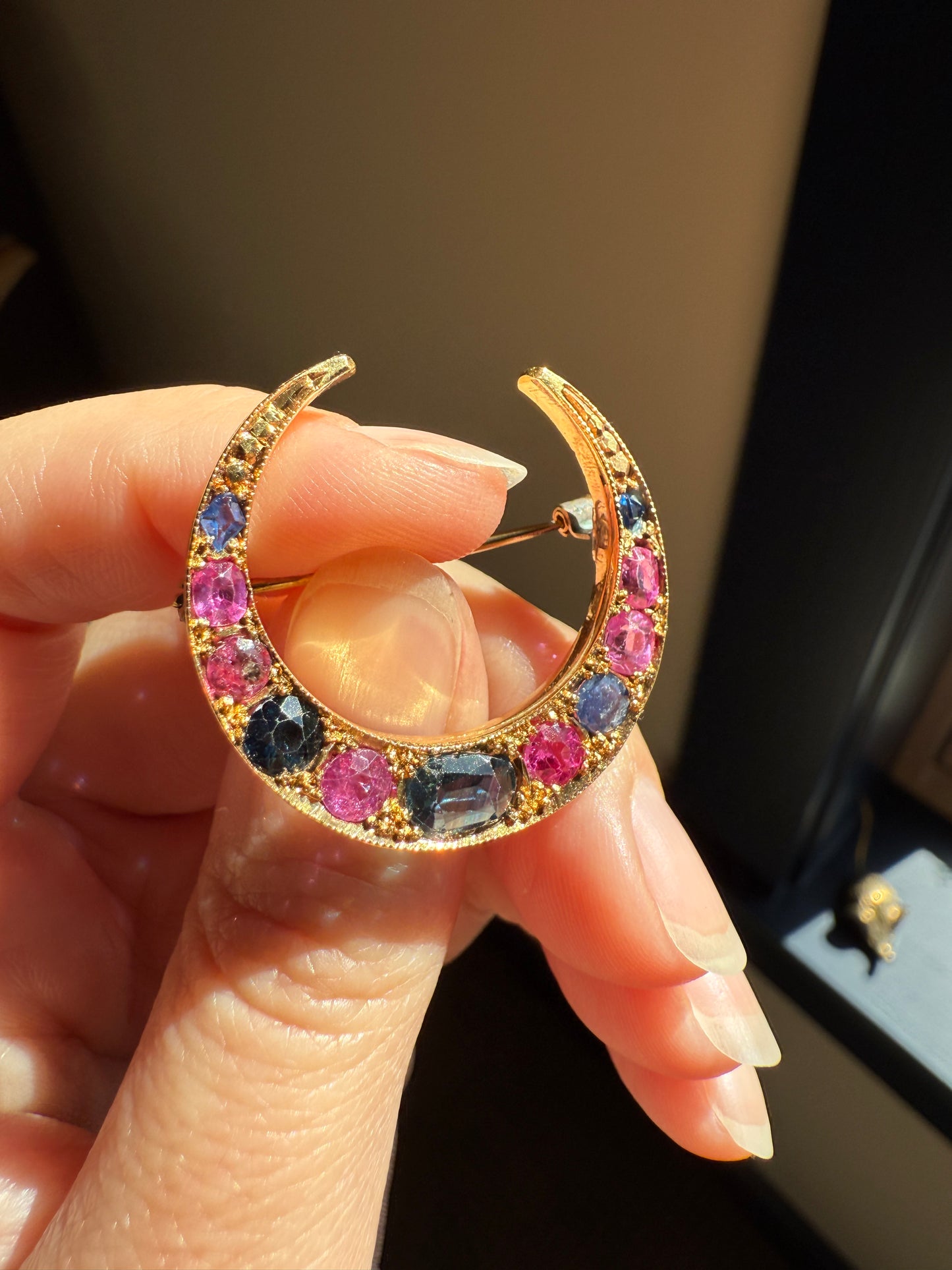 MOON Alternating Pink & Blue SAPPHIRE French Victorian ANTIQUE Pin Brooch for Pendant Romantic Gift Victorian