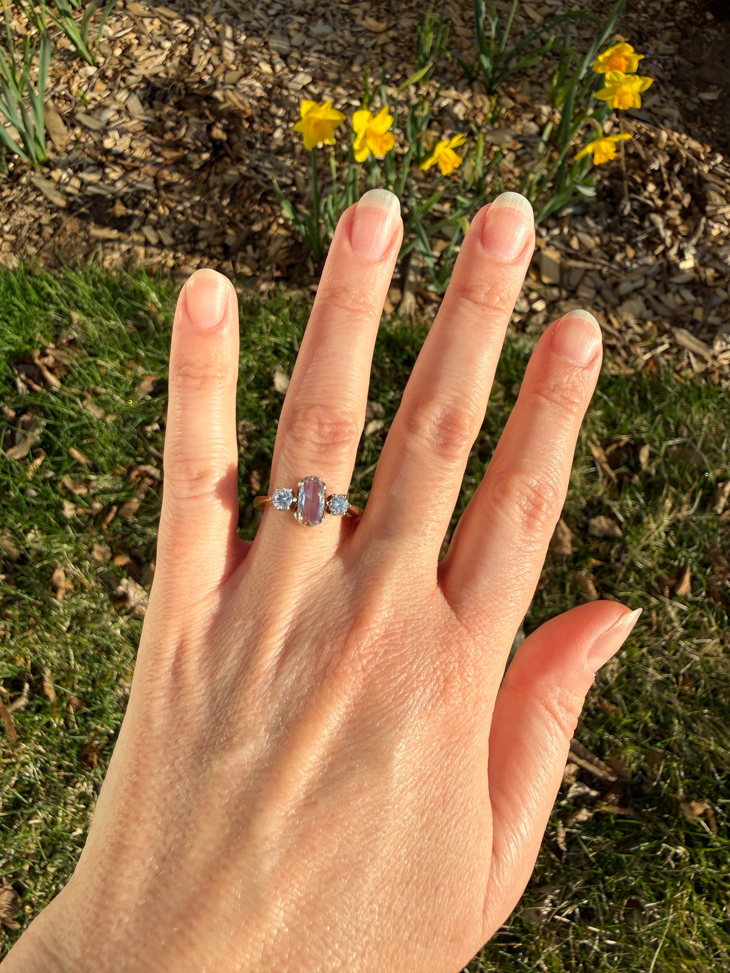 Unique Vintage Elongated Natural VS1 Portrait Rose Cut Three Stone DIAMOND Ring 18k Gold Solid Cushion Oval Stacker Band