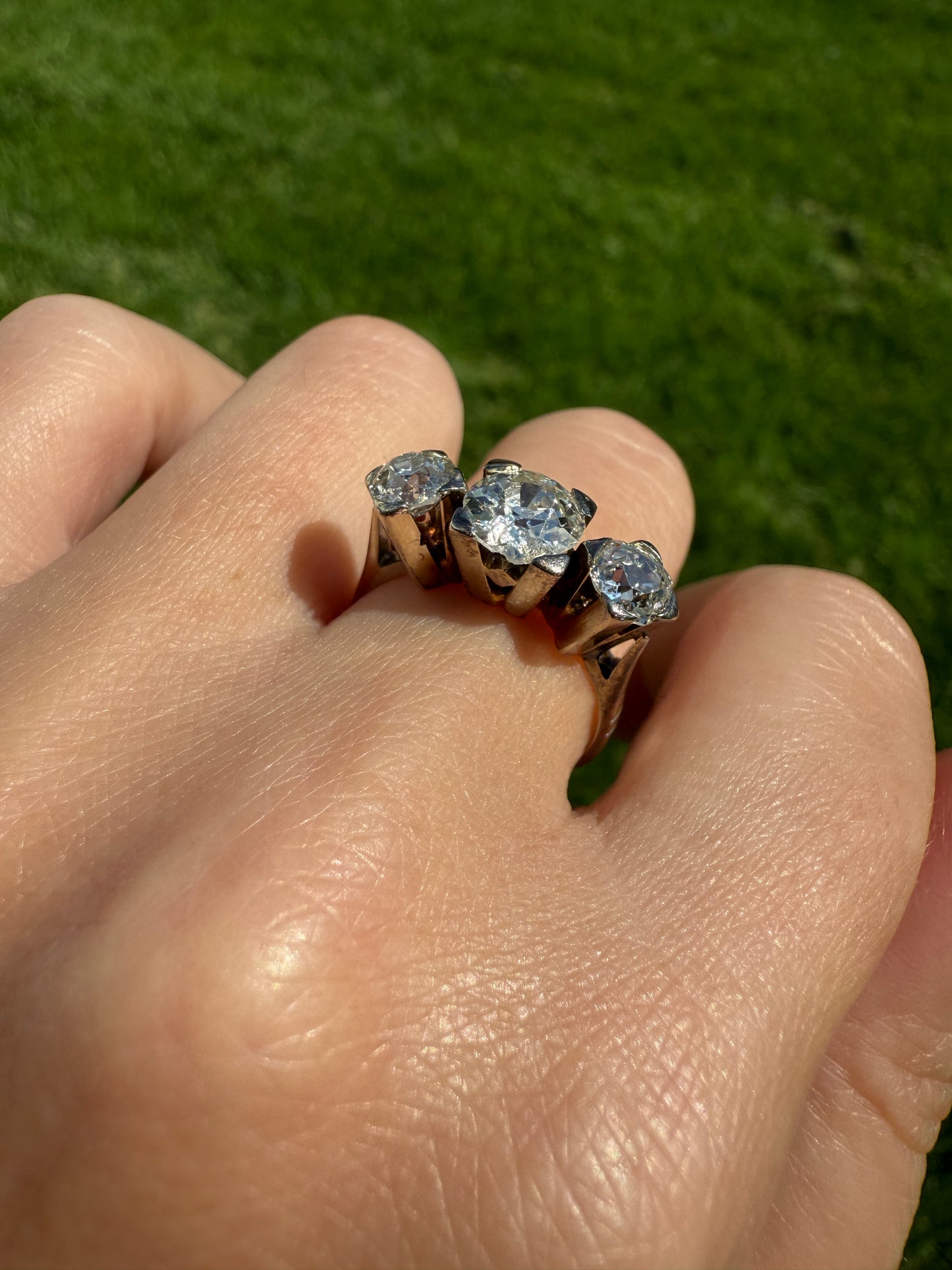 TALL Antique 2 CARATS Three Stone Chunky Old Mine Cut Diamond Ring 18k White Gold Art Deco