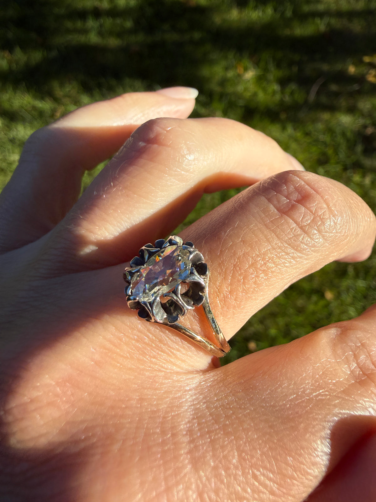 ANTIQUE Elongated Old Mine Cut Oval DIAMOND Silver Star Prong Basket Setting in 10k Gold Unique Buttercup Victorian .6 to 1.2 Ct.