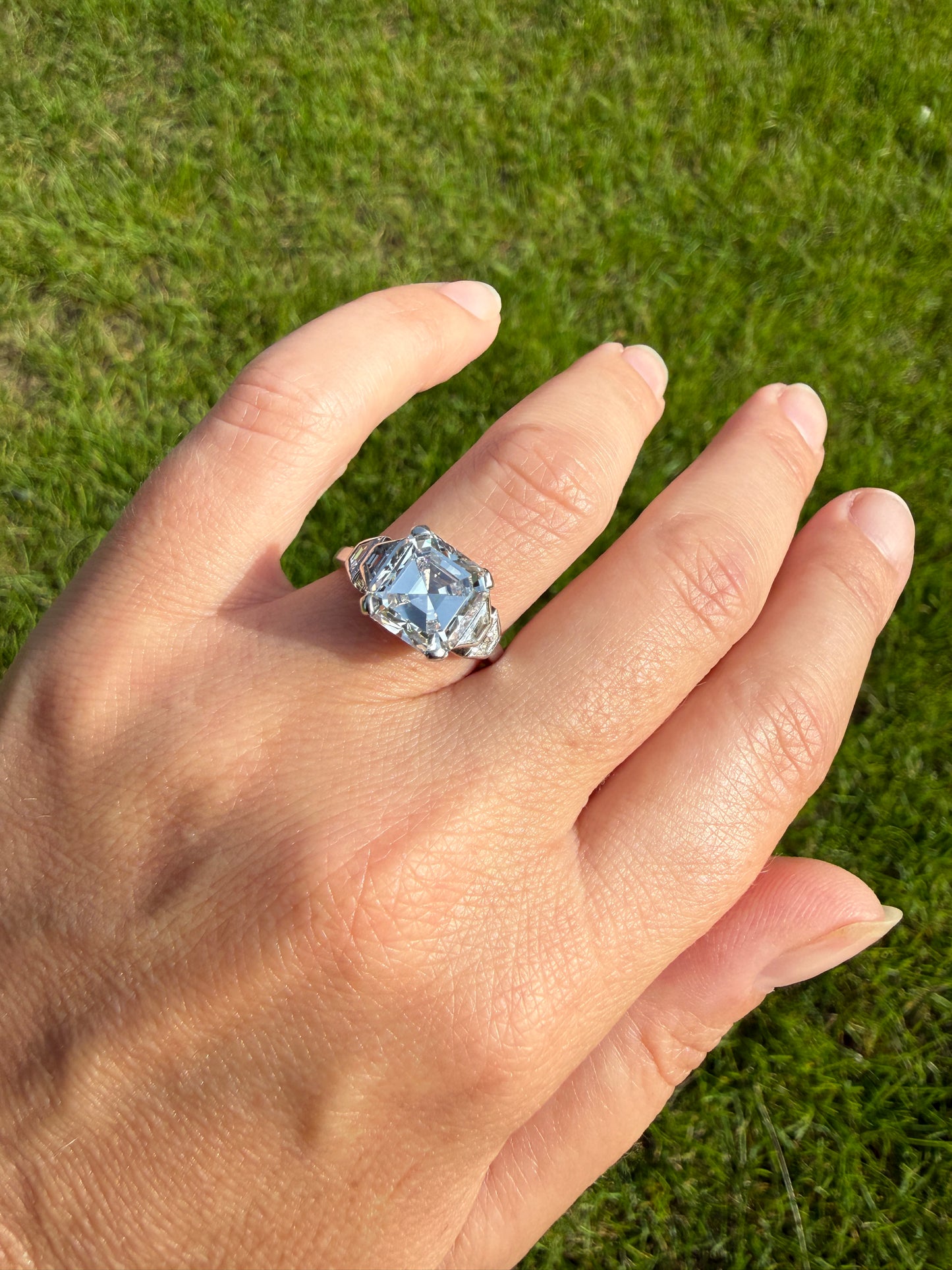 Exceptional 4 Carat Square Step Cut Diamond Solitaire Ring French PLATINUM w/ Trapezoid Accents Vintage to Art Deco 4.5Ctw Faces Eye CLEAN