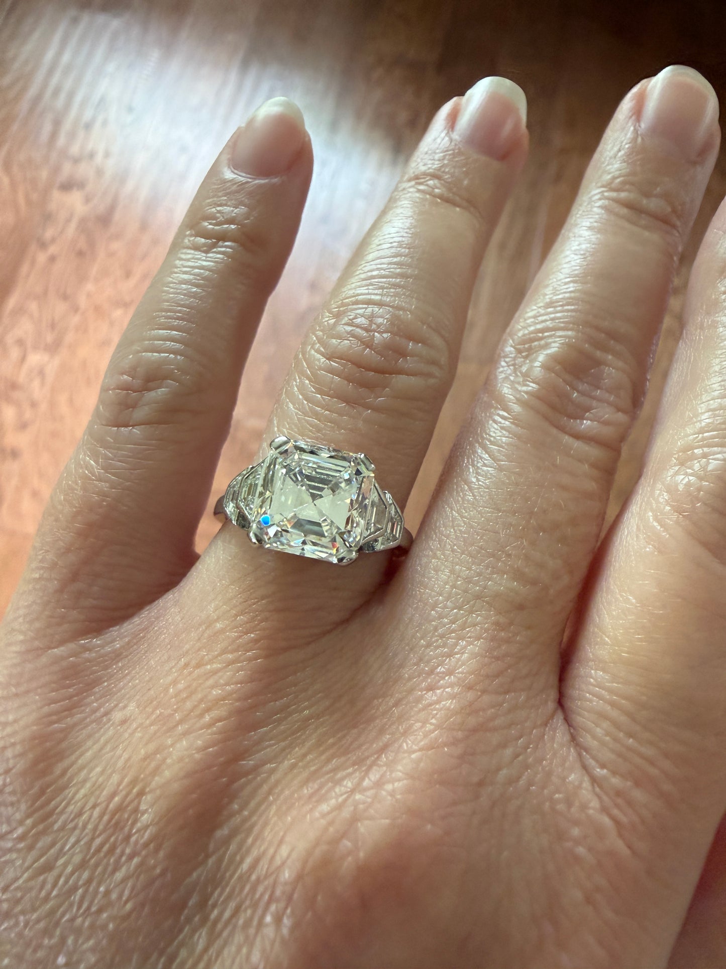Exceptional 4 Carat Square Step Cut Diamond Solitaire Ring French PLATINUM w/ Trapezoid Accents Vintage to Art Deco 4.5Ctw Faces Eye CLEAN