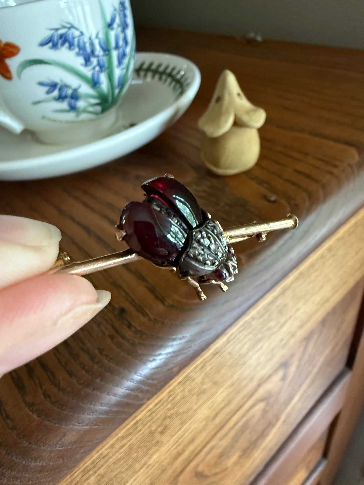 Ladybug BUG Beetle GARNET Wing Rose Cut Diamond French Antique Victorian Figural Pin Brooch for Pendant 18k Gold