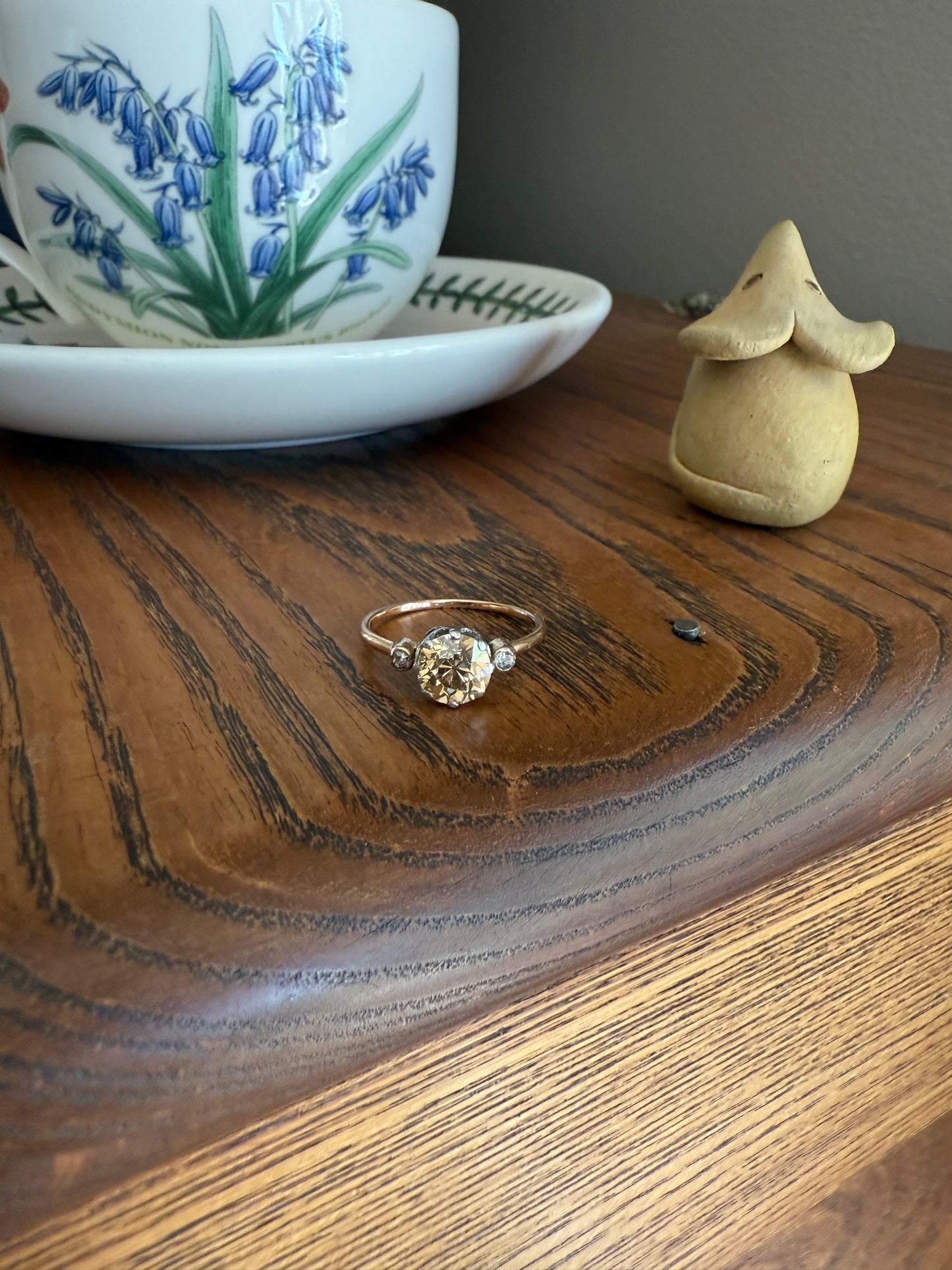 Antique Eye Clean Color Change 1.5 Carat Antique Fancy Champagne Green Yellow Old Mine Cut DIAMOND Solitaire Ring Three Stone 18k Gold
