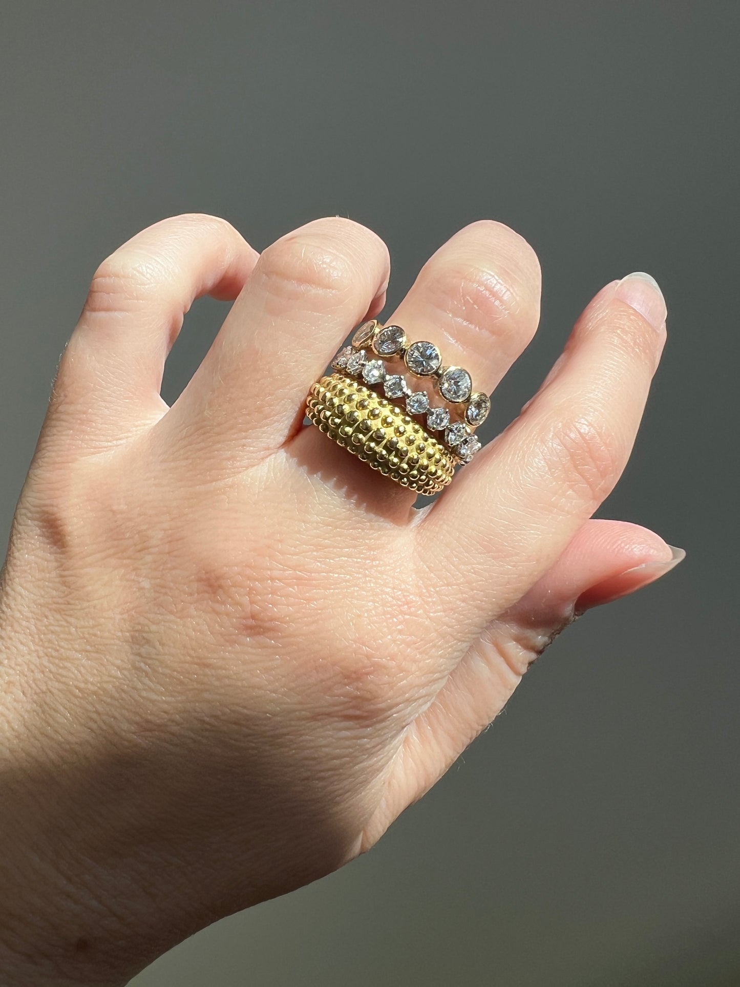 Vintage 1.35 Carat DIAMOND Uniform Five Stone Band Stacker Ring 18k Gold French Wedding Circular Bezel Set Half Hoop