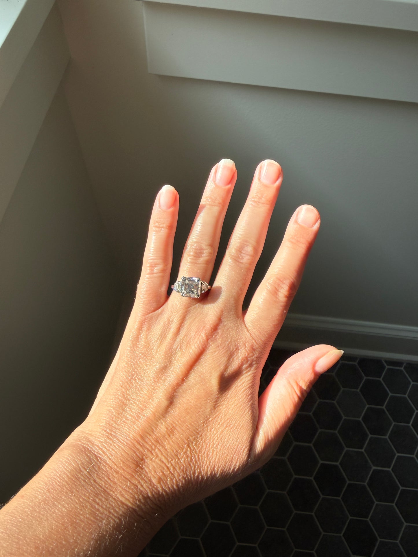 Exceptional 4 Carat Square Step Cut Diamond Solitaire Ring French PLATINUM w/ Trapezoid Accents Vintage to Art Deco 4.5Ctw Faces Eye CLEAN