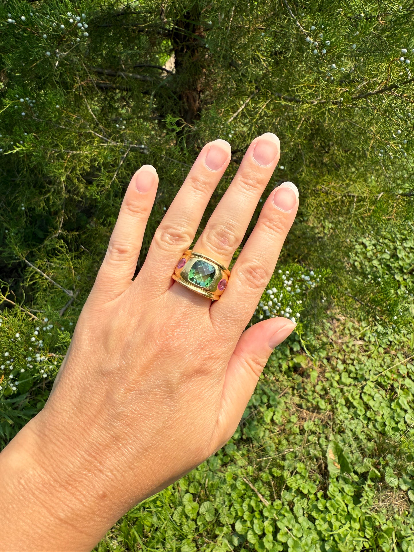 MEGA Green Tourmaline & Pink Sapphire Three Stone Ring HEAVY 20g 18k Gold Solid French Vintage Chunky Stacker Discoball Wide Band Color