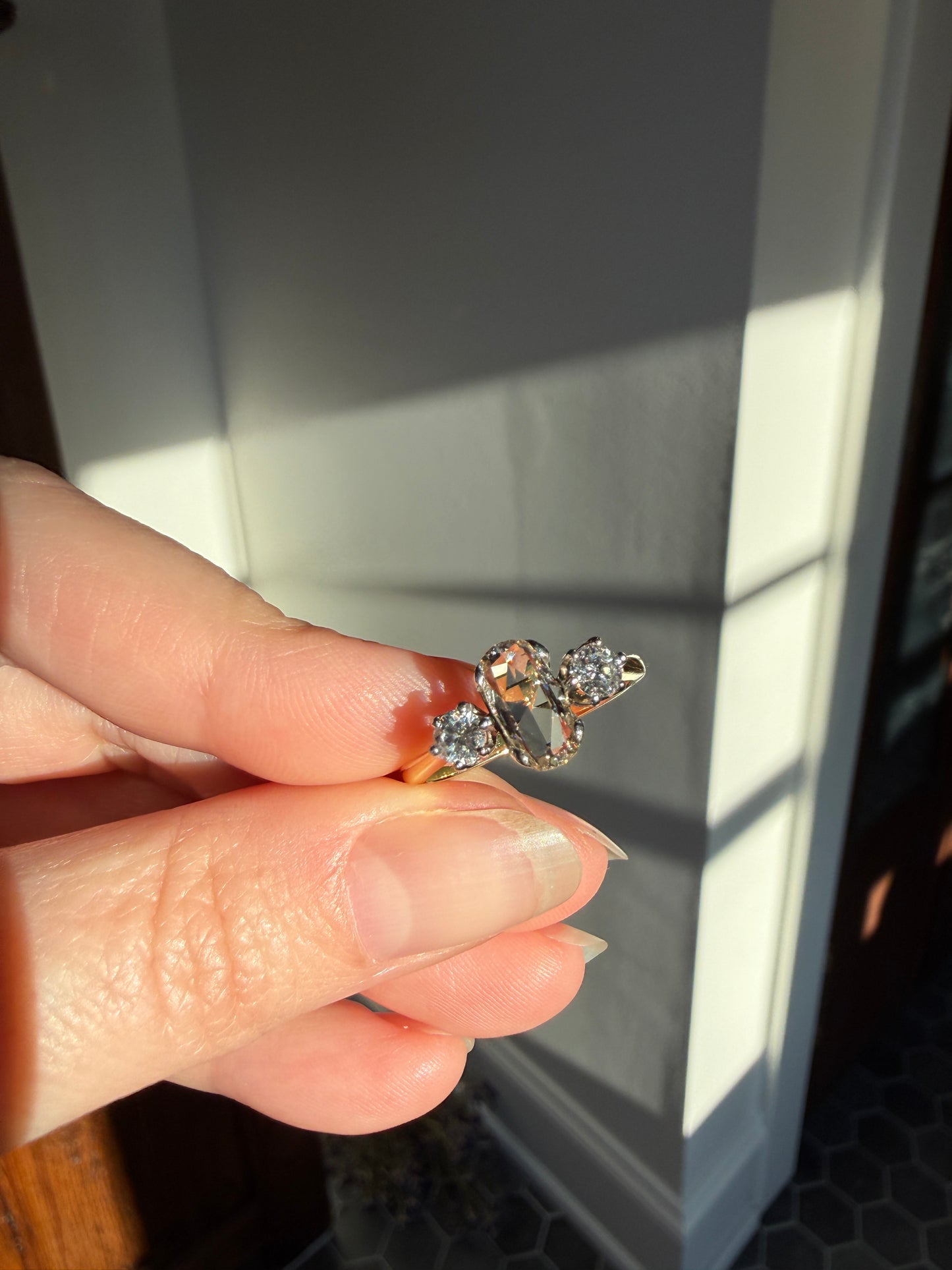 Unique Vintage Elongated Natural VS1 Portrait Rose Cut Three Stone DIAMOND Ring 18k Gold Solid Cushion Oval Stacker Band