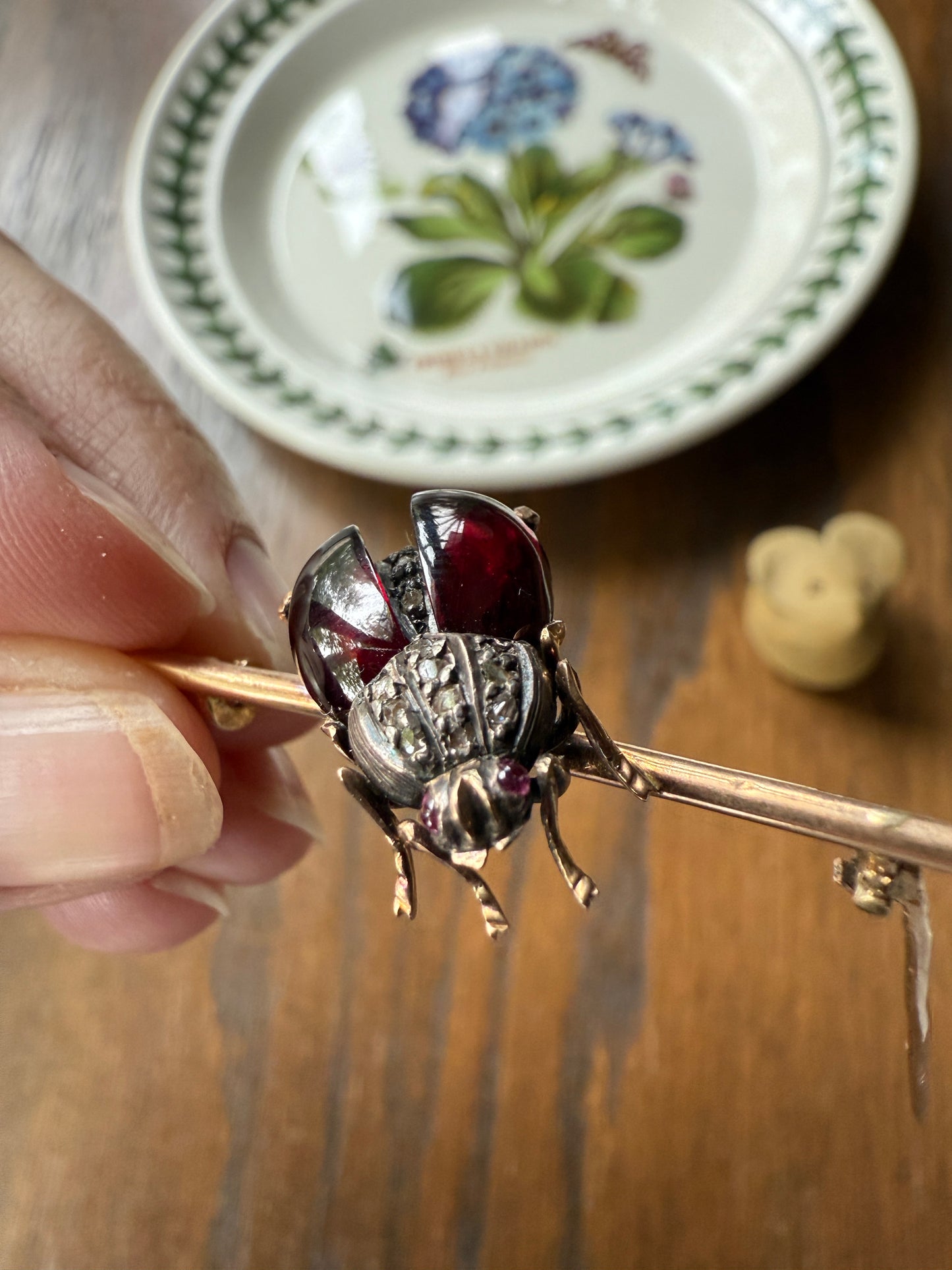 Ladybug BUG Beetle GARNET Wing Rose Cut Diamond French Antique Victorian Figural Pin Brooch for Pendant 18k Gold