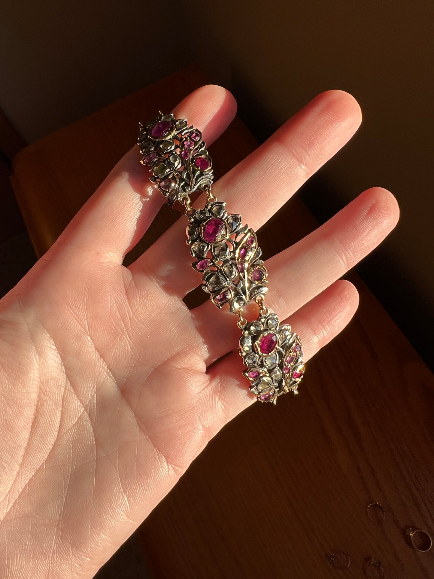 RARE Floral GIARDINETTI Antique Bracelet Flat Cut Ruby Pink Sapphire Rose Cut DIAMOND Figural Link Bracelet Georgian 14k Gold Silver