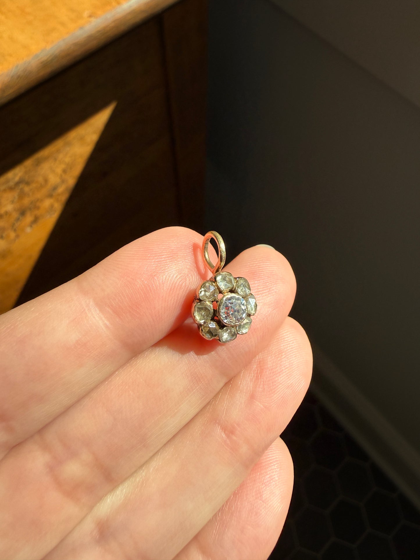 Daisy Cluster Pendant Old Mine Rose Cut DIAMOND Antique Victorian 18k Gold Pendant Necklace Bracelet Charm Floral