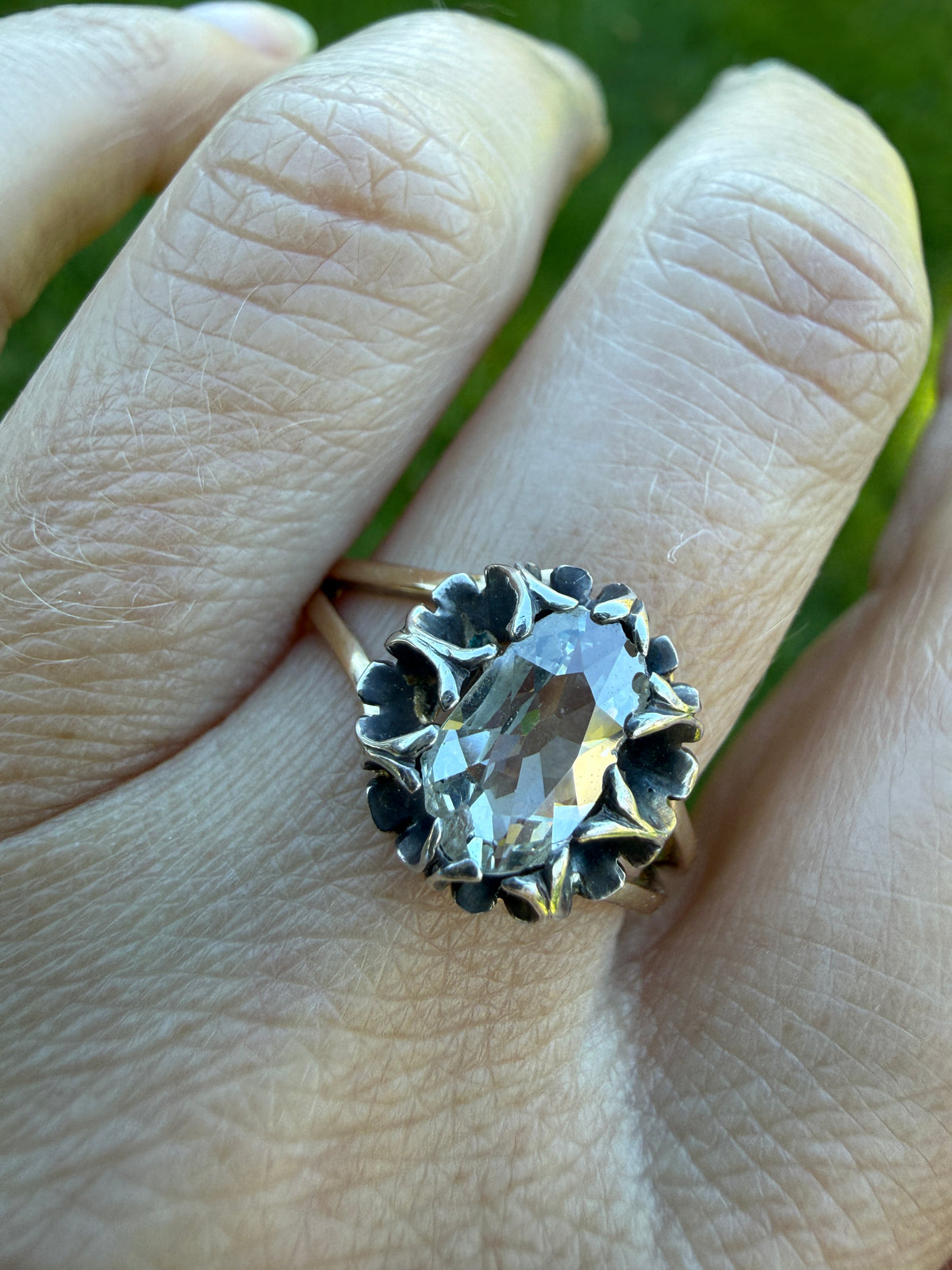 ANTIQUE Elongated Old Mine Cut Oval DIAMOND Silver Star Prong Basket Setting in 10k Gold Unique Buttercup Victorian .6 to 1.2 Ct.