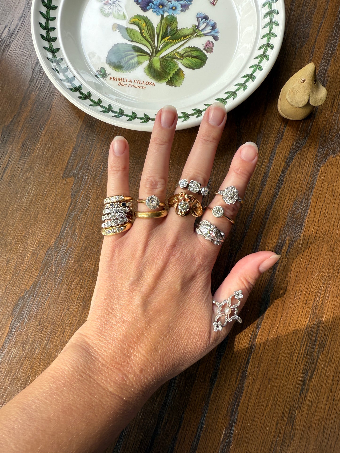 Antique Bezel Set Five Stone 0.6 Carat Old Mine Cut Diamond Ring 18k Skinny Band Stacker