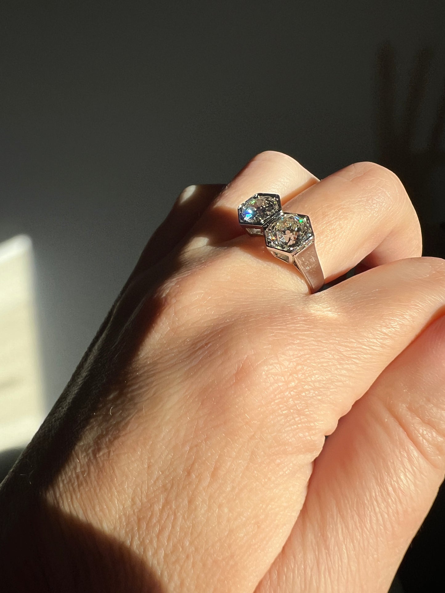 HEXAGON Toi et Moi 3.3 CARAT Eye Clean Old Mine Cut Diamond Two Stone Antique Ring PLATINUM French Geometric Engagement